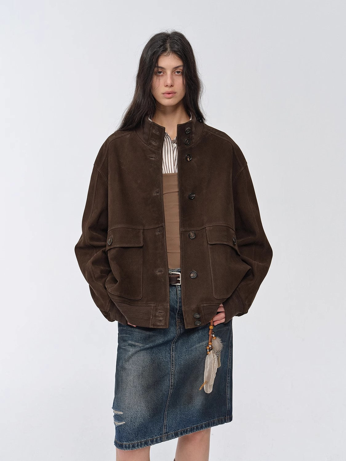 Vintage Suede Sheepskin Leather Jacket – Ribbed Patchwork “Spring Whisper”