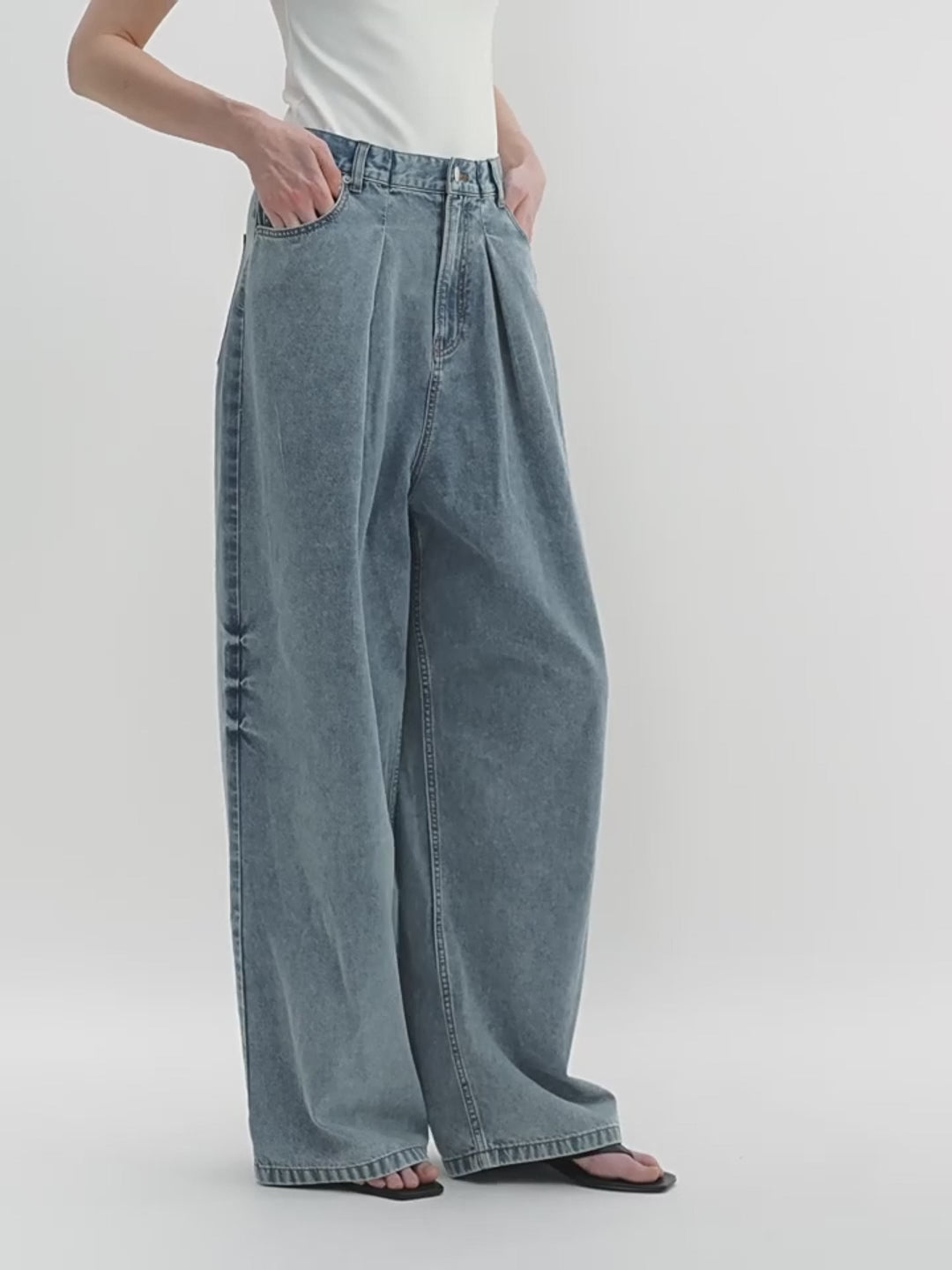 Soft Tencel Cotton Pleated Loose Straight Wide-Leg Jeans – Light Structure