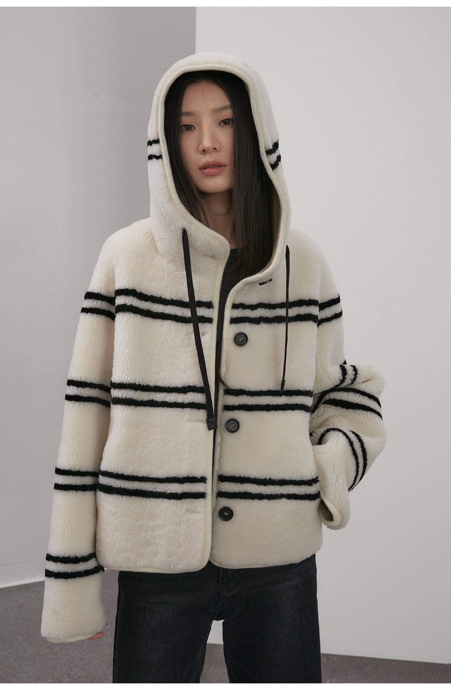 Fireladyfur Women's Lamb Wool Striped Jacket“Snowy New Year”