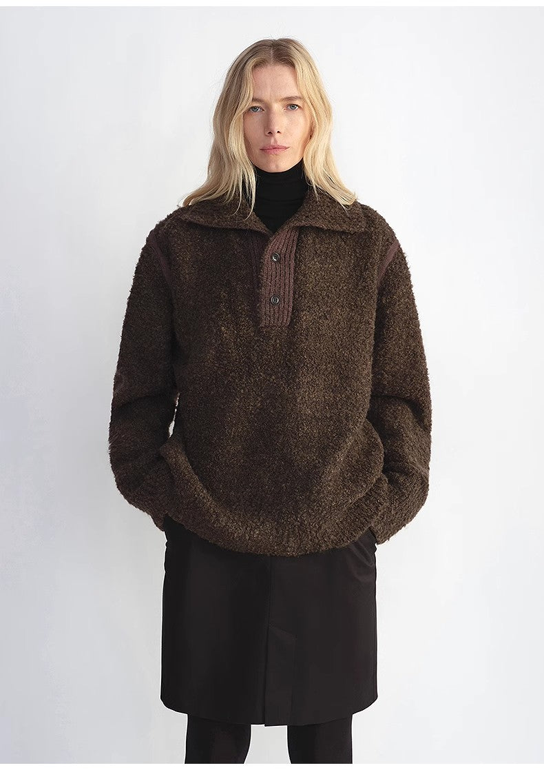 Alpaca Wool Blend Bouclé Yarn Spliced Polo Sweater – Relaxed Fit Style