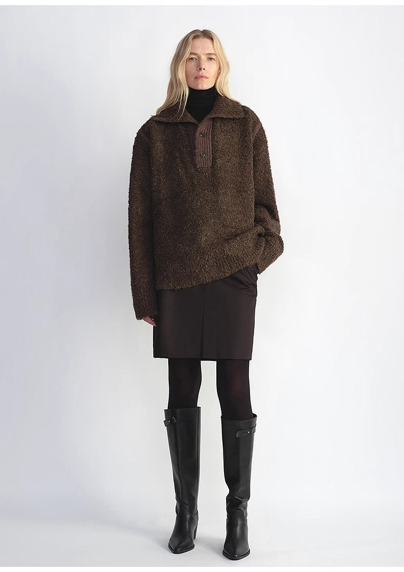 Alpaca Wool Blend Bouclé Yarn Spliced Polo Sweater – Relaxed Fit Style