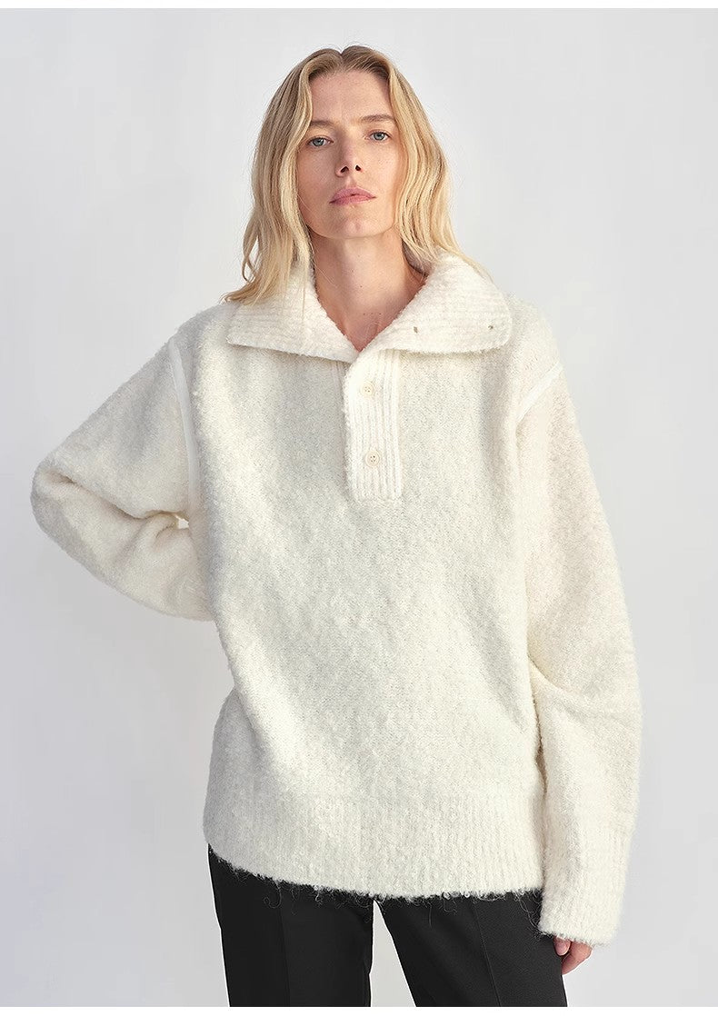 Alpaca Wool Blend Bouclé Yarn Spliced Polo Sweater – Relaxed Fit Style