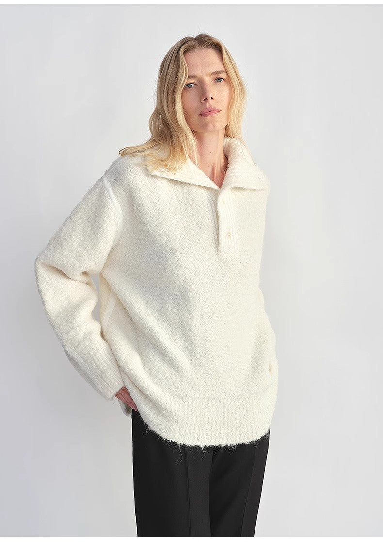 Alpaca Wool Blend Bouclé Yarn Spliced Polo Sweater – Relaxed Fit Style