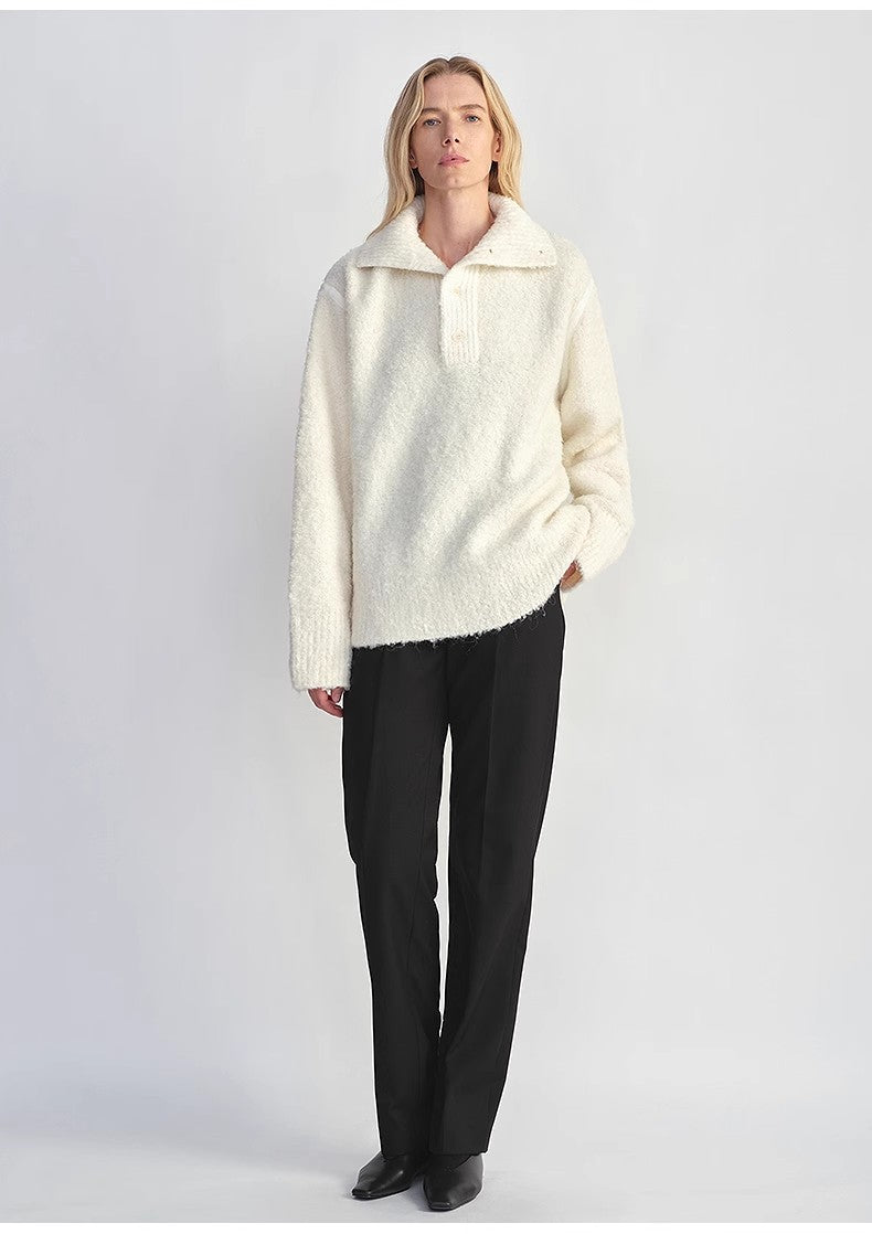 Alpaca Wool Blend Bouclé Yarn Spliced Polo Sweater – Relaxed Fit Style