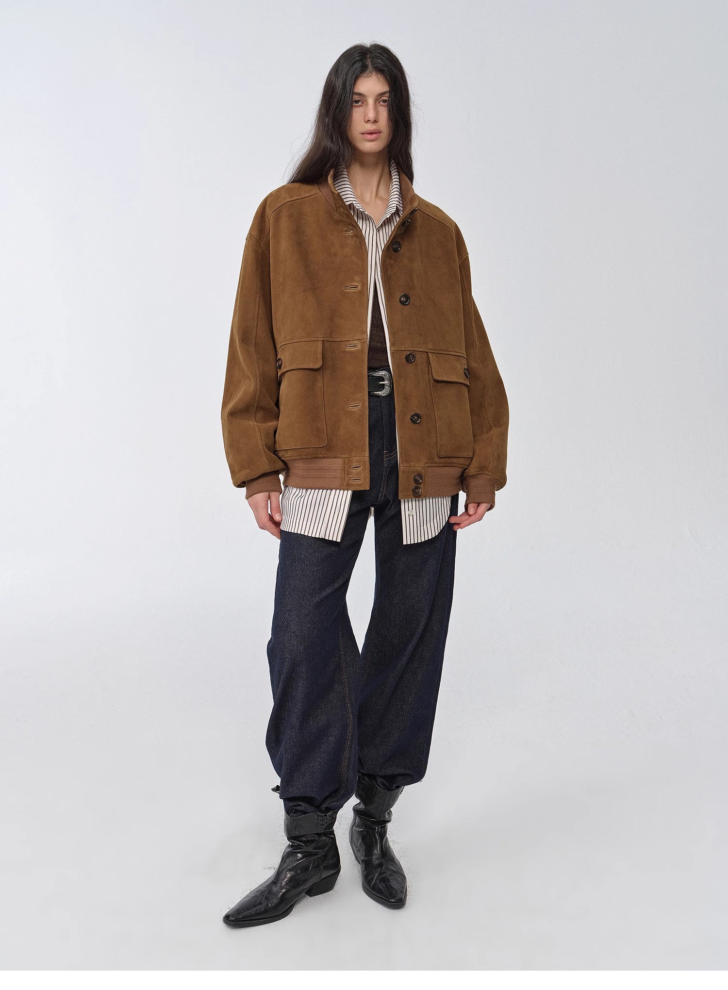 Vintage Suede Sheepskin Leather Jacket – Ribbed Patchwork “Spring Whisper”