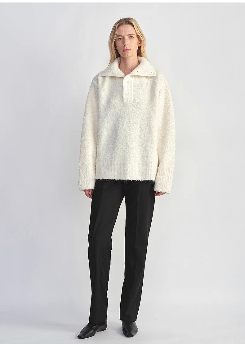 Alpaca Wool Blend Bouclé Yarn Spliced Polo Sweater – Relaxed Fit Style