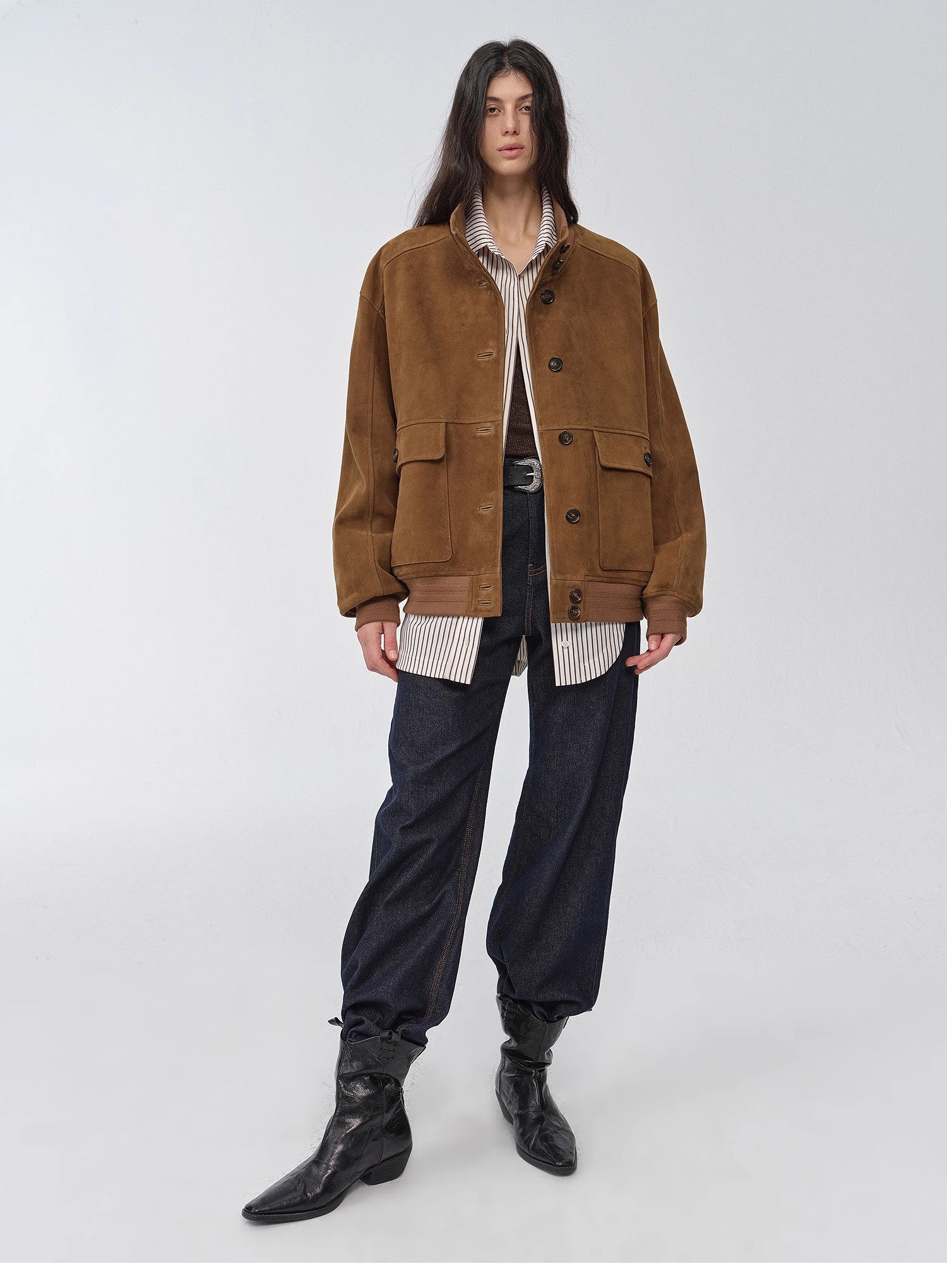 Vintage Suede Sheepskin Leather Jacket – Ribbed Patchwork “Spring Whisper”