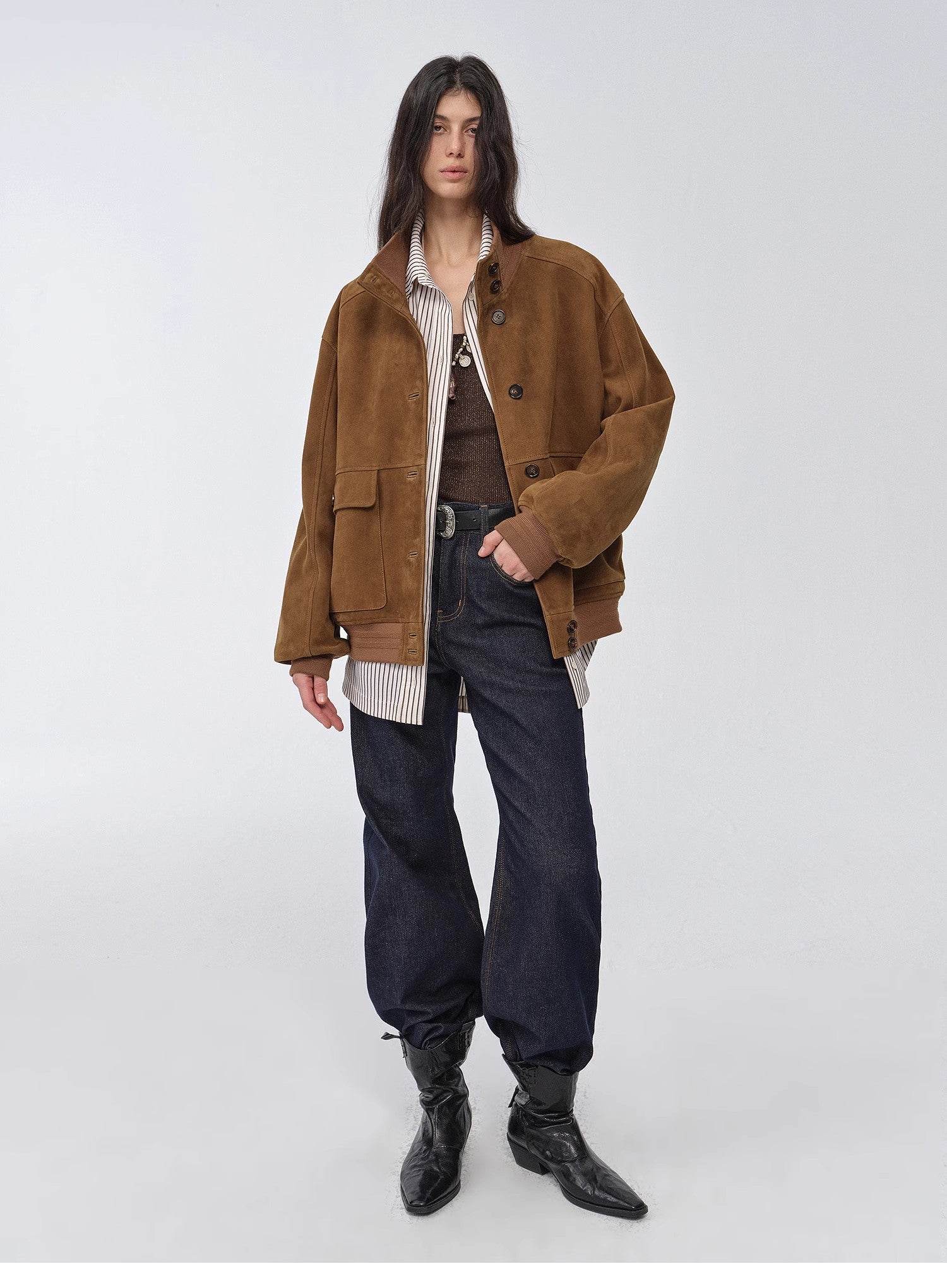 Vintage Suede Sheepskin Leather Jacket – Ribbed Patchwork “Spring Whisper”