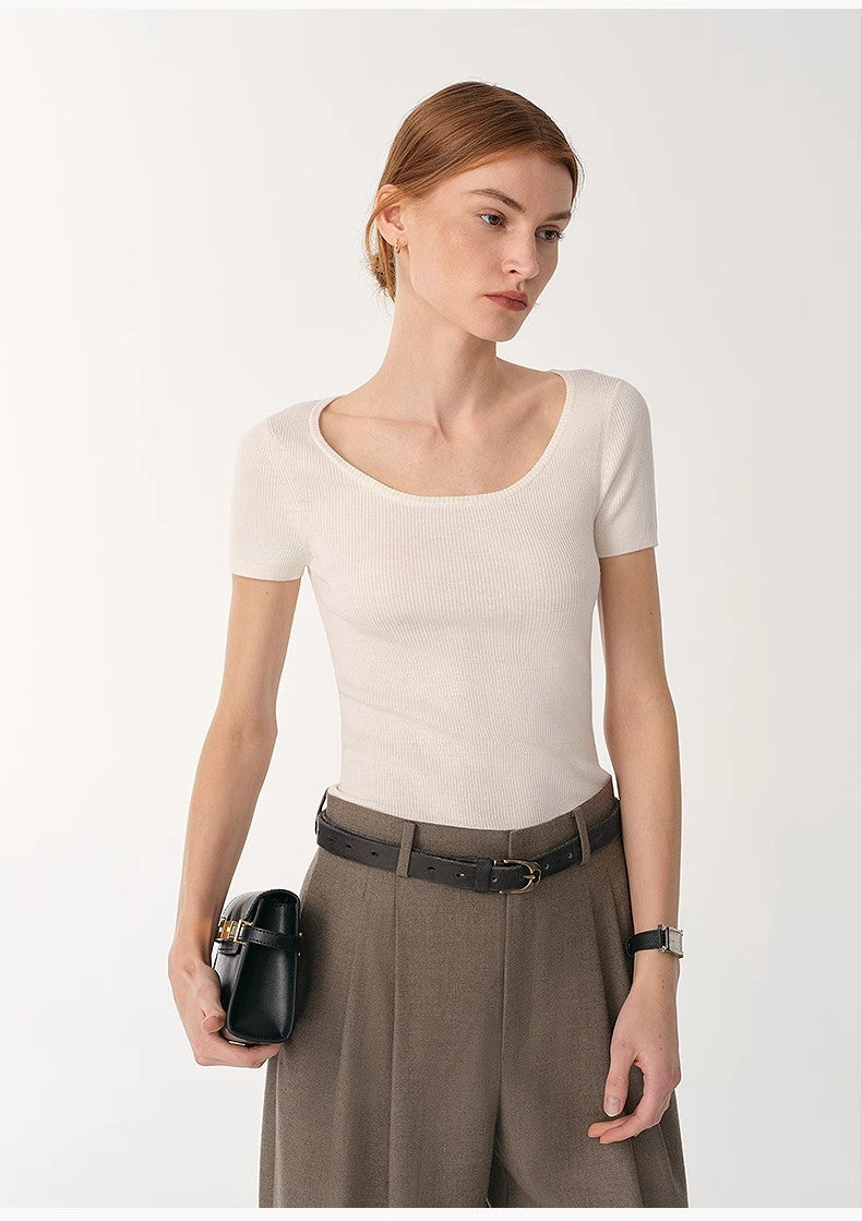 German Yangtze Washable Wool Round Neck Slim Short Sleeve Top