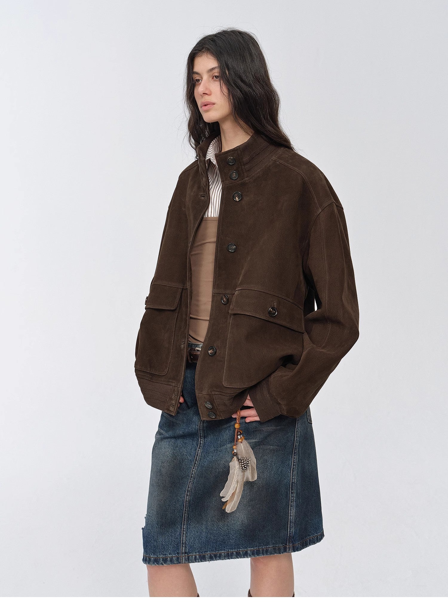 Vintage Suede Sheepskin Leather Jacket – Ribbed Patchwork “Spring Whisper”