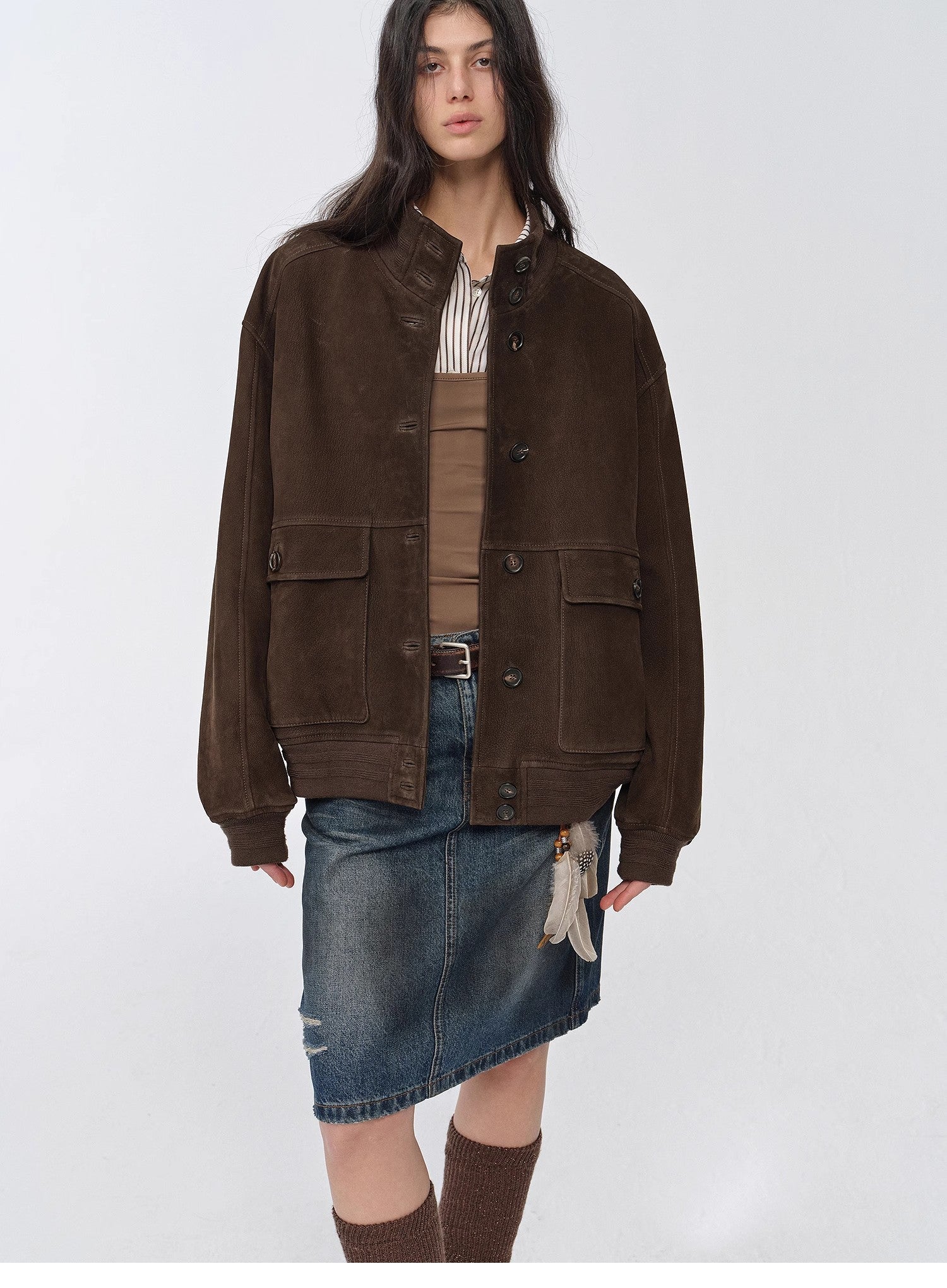 Vintage Suede Sheepskin Leather Jacket – Ribbed Patchwork “Spring Whisper”