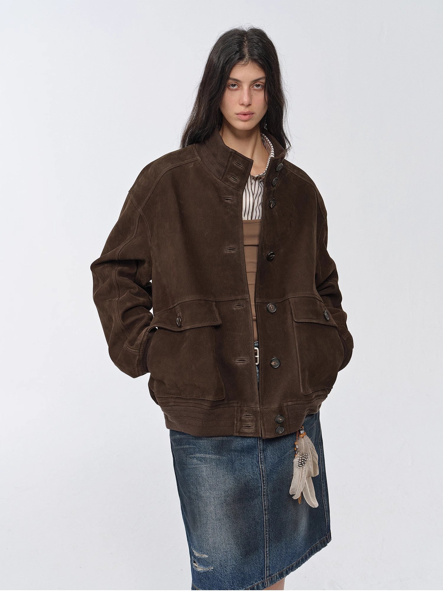 Vintage Suede Sheepskin Leather Jacket – Ribbed Patchwork “Spring Whisper”