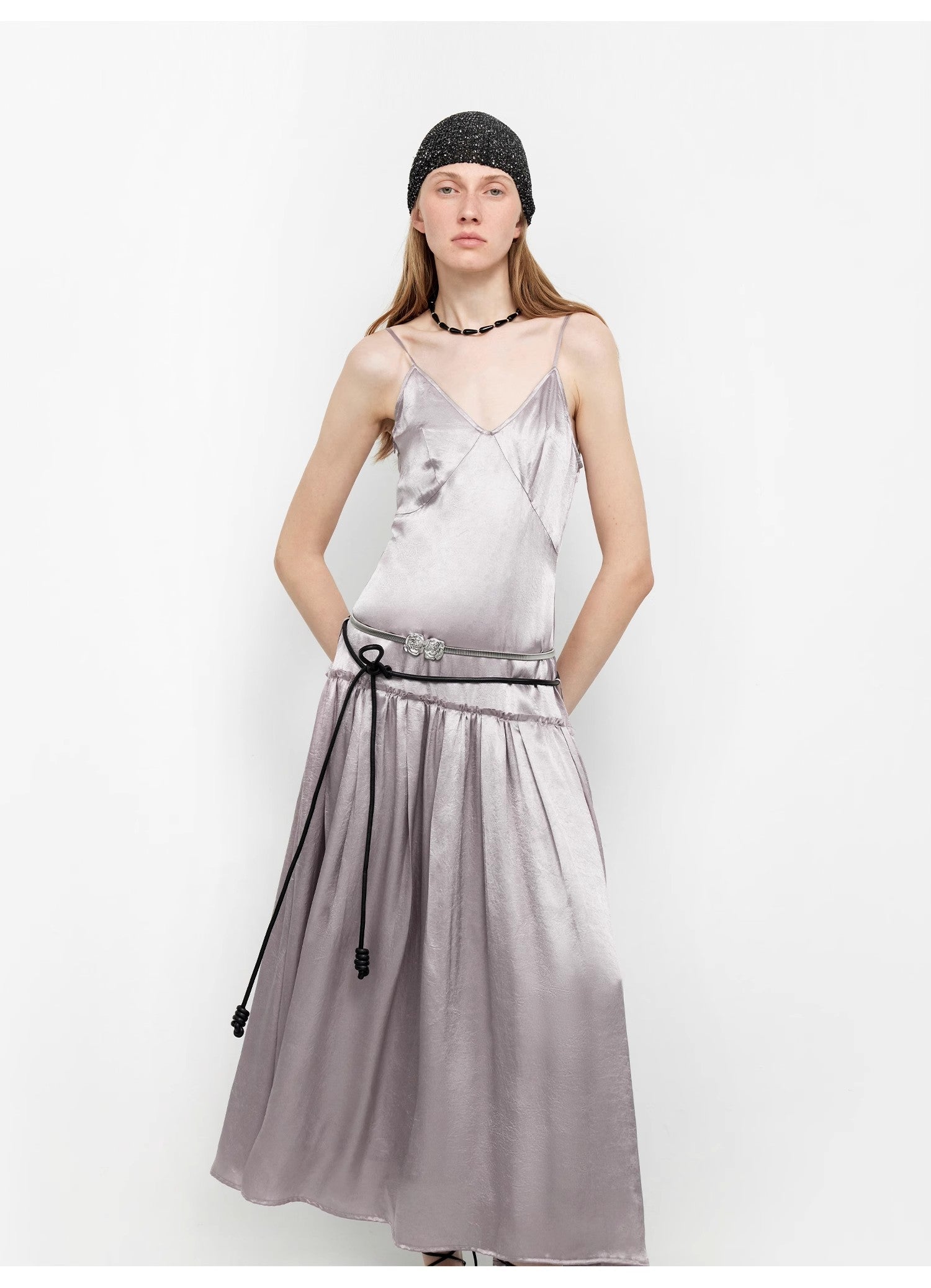 “Girls’ Letterhead” Glossy 100% Acetate Low-Waist Long Suspender Dress