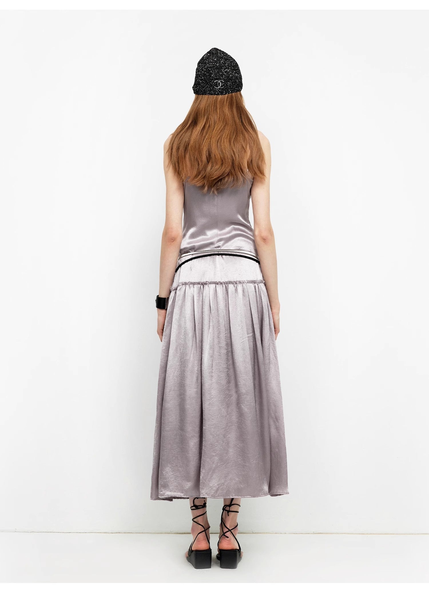 “Girls’ Letterhead” Glossy 100% Acetate Low-Waist Long Suspender Dress