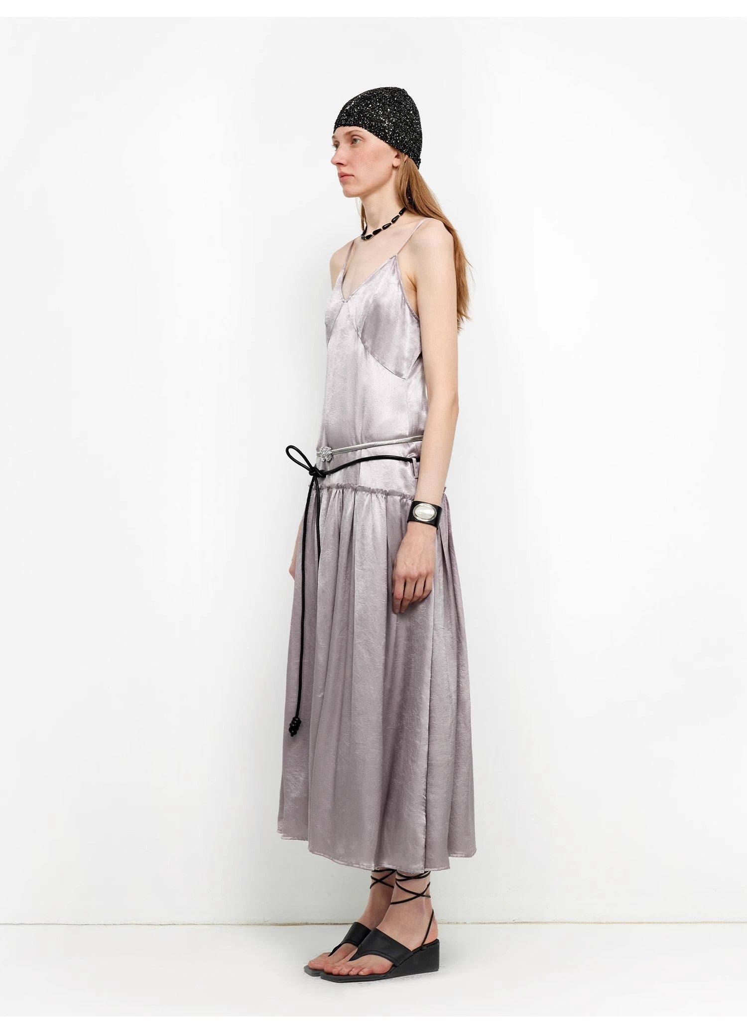 “Girls’ Letterhead” Glossy 100% Acetate Low-Waist Long Suspender Dress