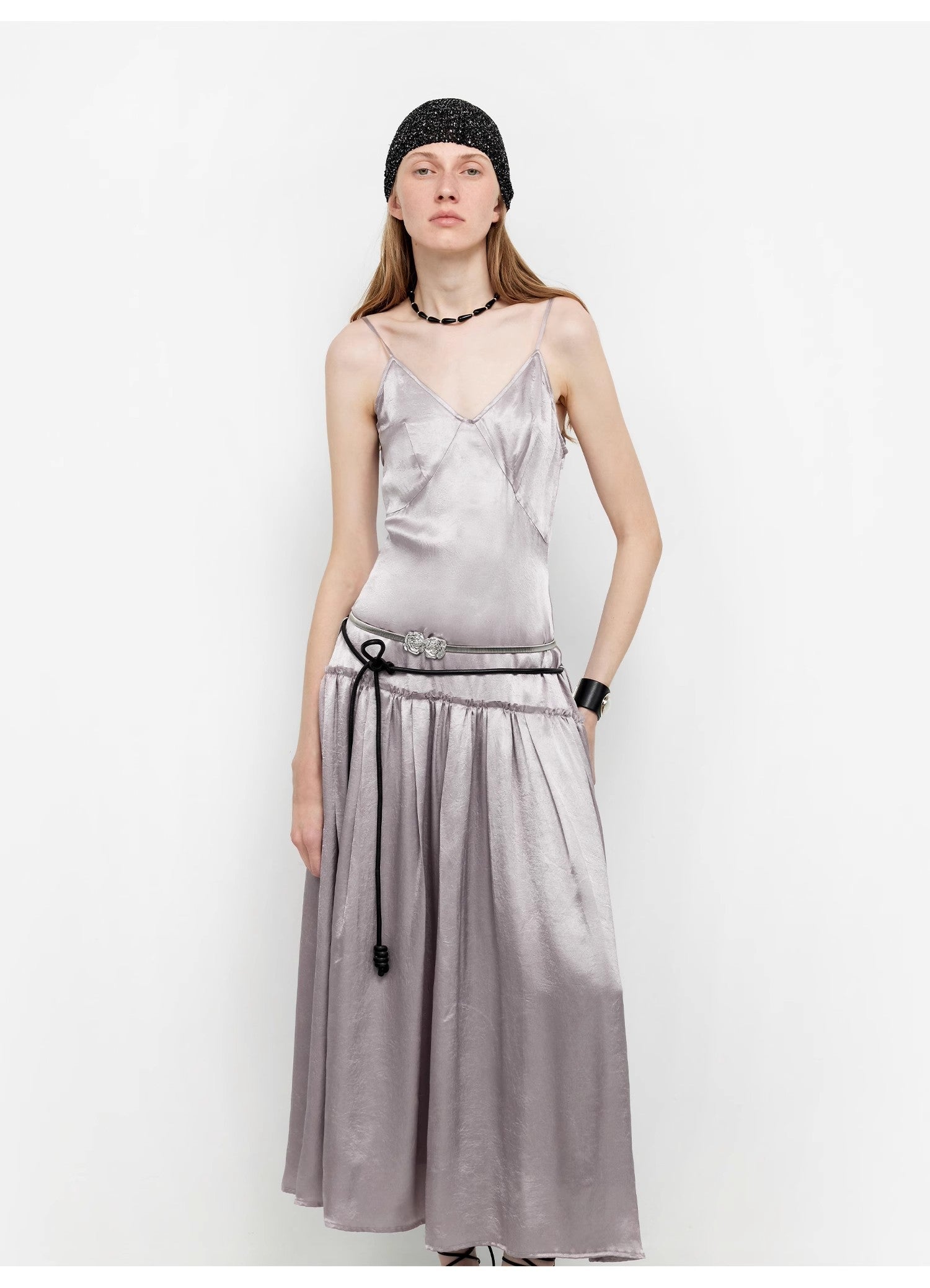 “Girls’ Letterhead” Glossy 100% Acetate Low-Waist Long Suspender Dress