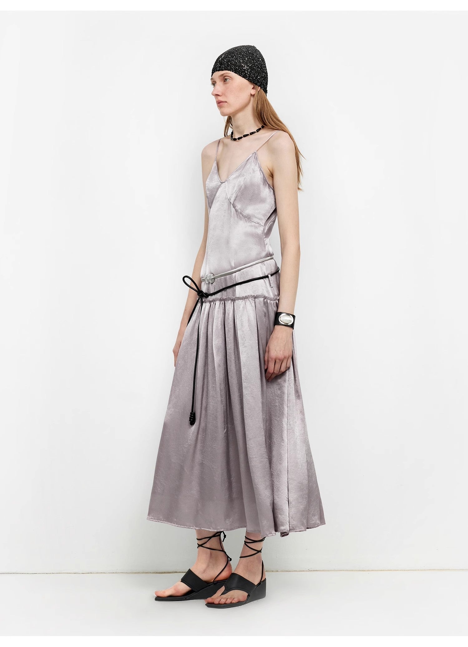 “Girls’ Letterhead” Glossy 100% Acetate Low-Waist Long Suspender Dress