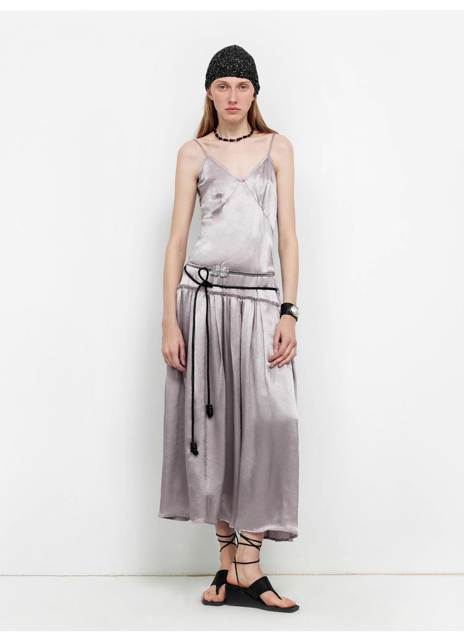 “Girls’ Letterhead” Glossy 100% Acetate Low-Waist Long Suspender Dress