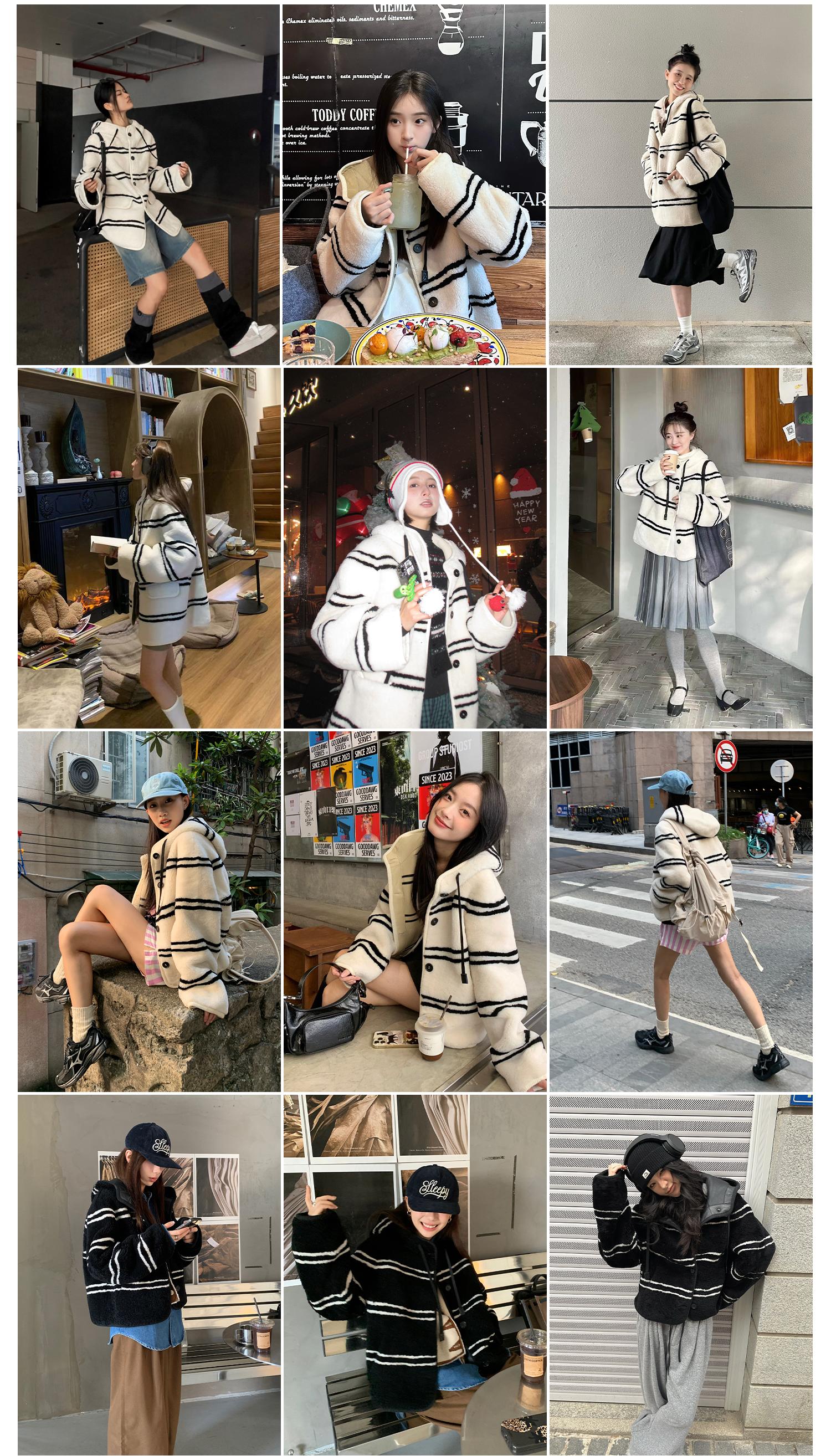 Fireladyfur Women's Lamb Wool Striped Jacket“Snowy New Year”