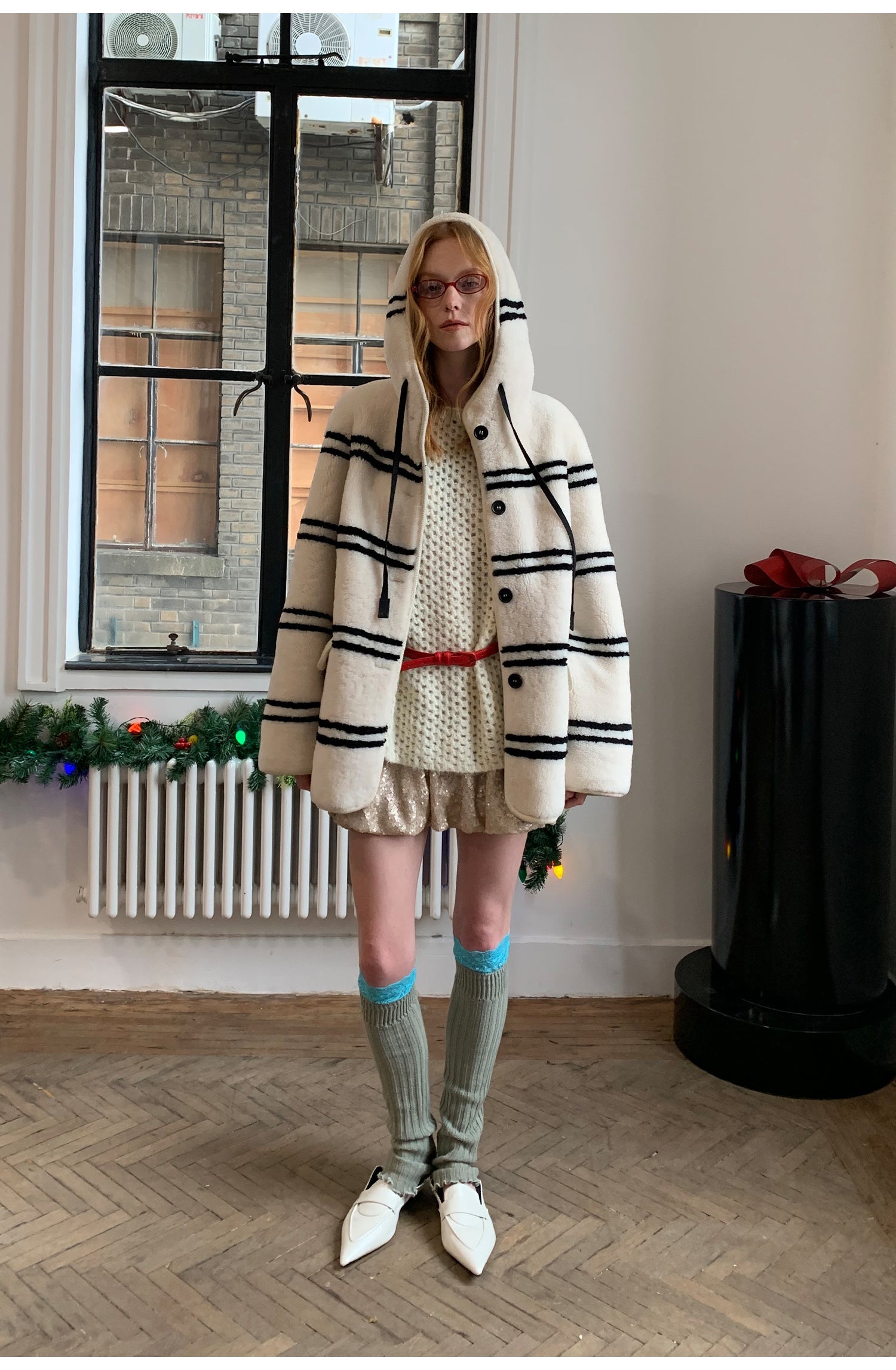 Fireladyfur Women's Lamb Wool Striped Jacket“Snowy New Year”