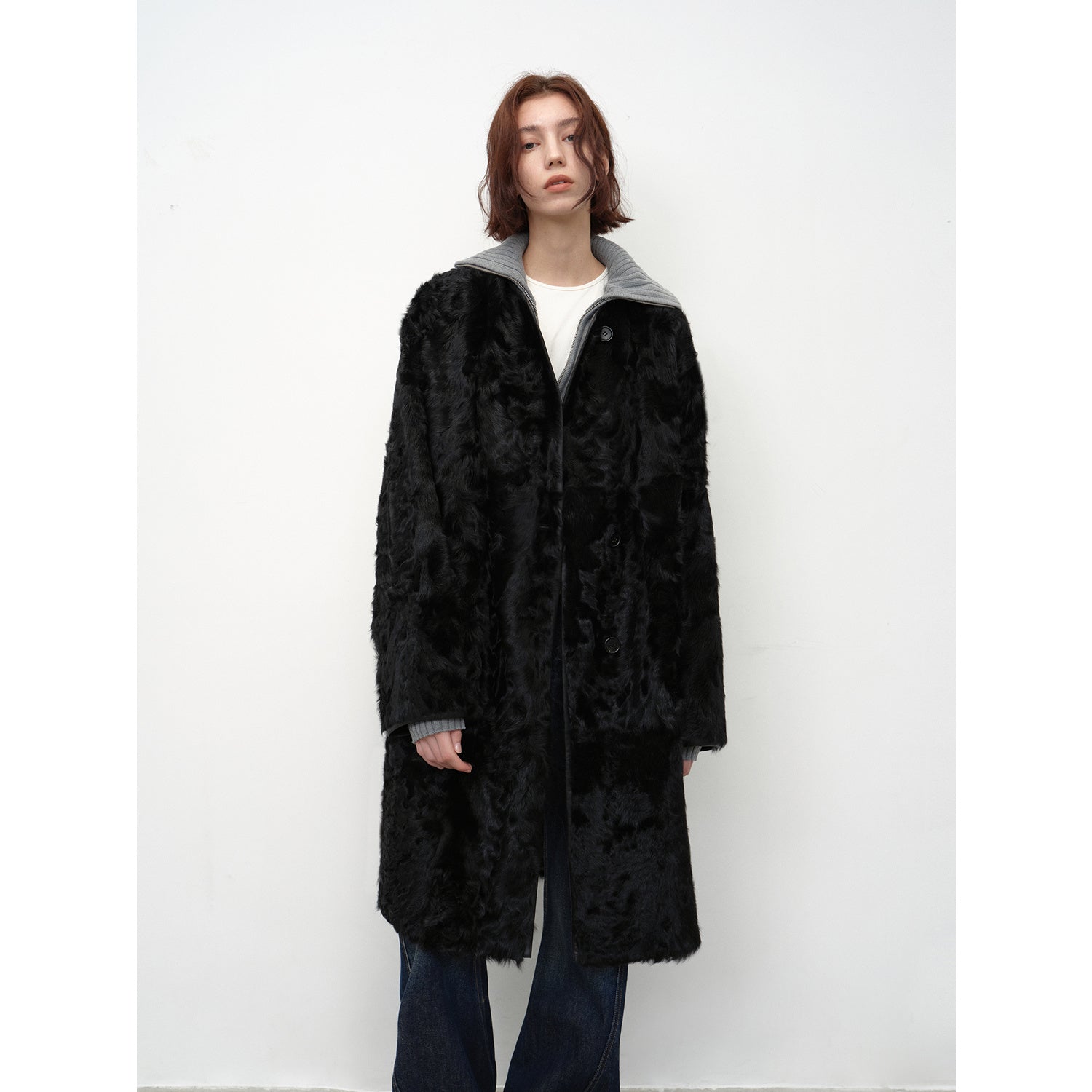 “Roman Theater” Sheepskin Fur Long Straight Coat – Round Neck Winter Style