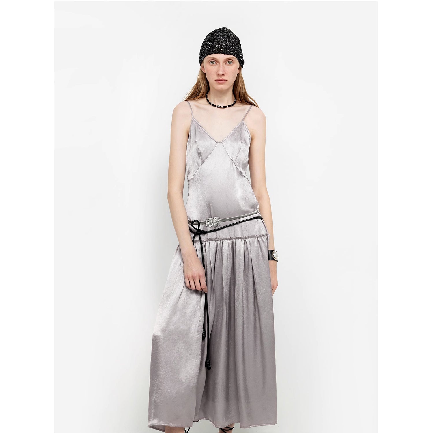 “Girls’ Letterhead” Glossy 100% Acetate Low-Waist Long Suspender Dress
