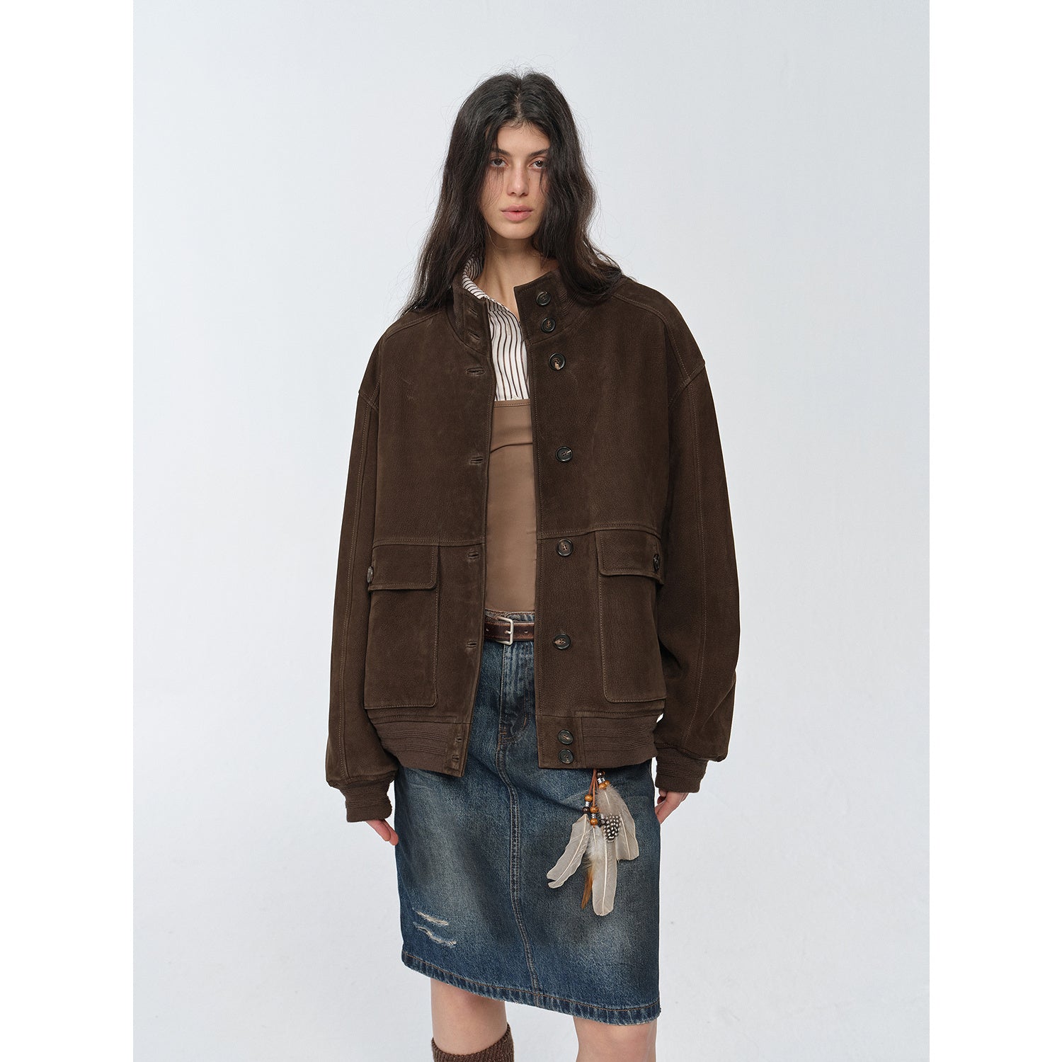 Vintage Suede Sheepskin Leather Jacket – Ribbed Patchwork “Spring Whisper”