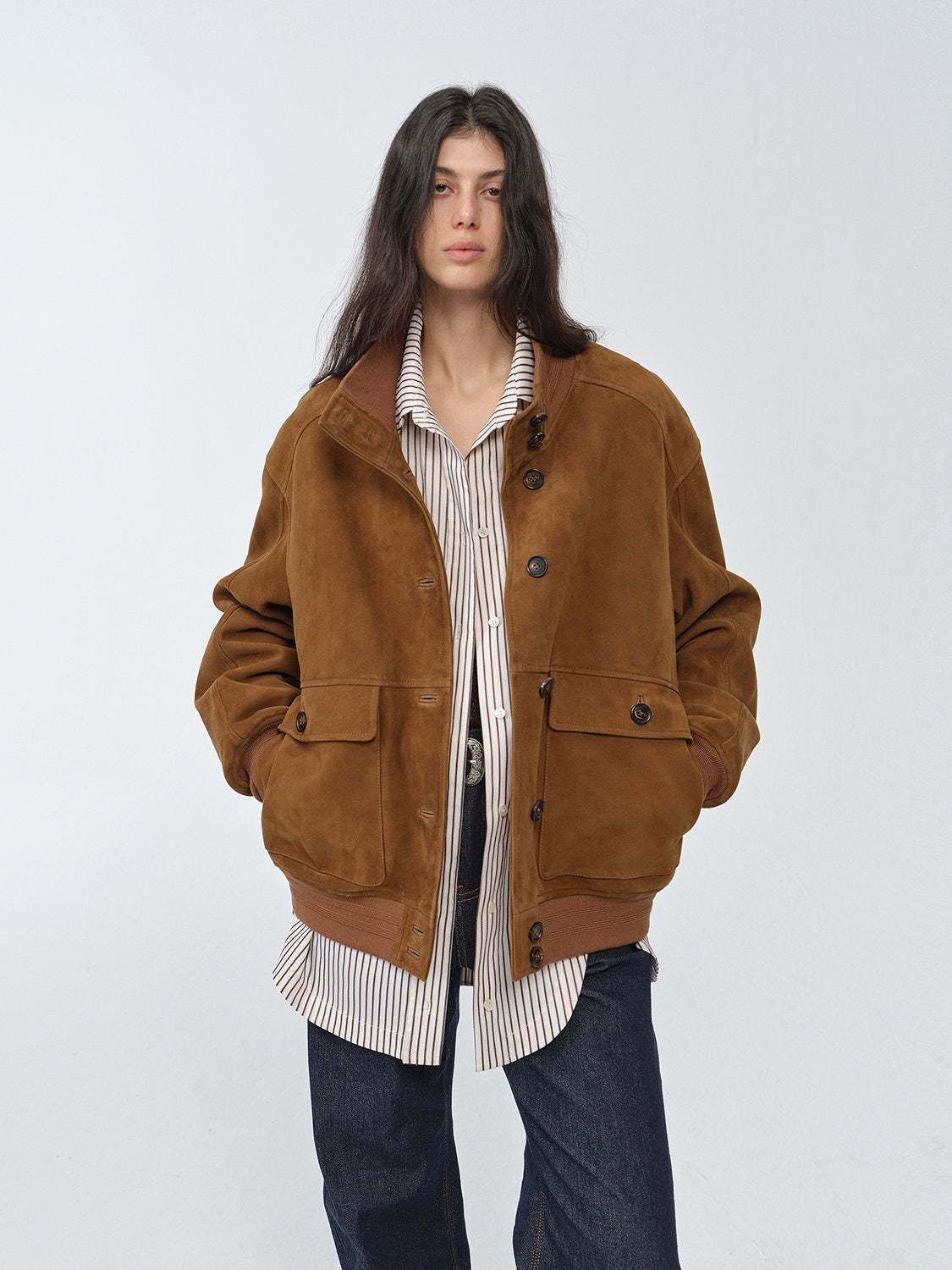 Vintage Suede Sheepskin Leather Jacket – Ribbed Patchwork “Spring Whisper”
