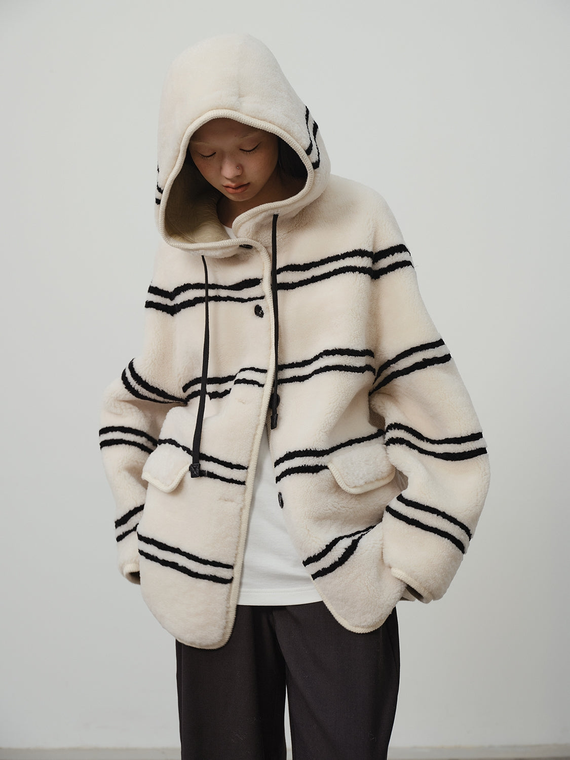 Fireladyfur Women's Lamb Wool Striped Jacket“Snowy New Year”
