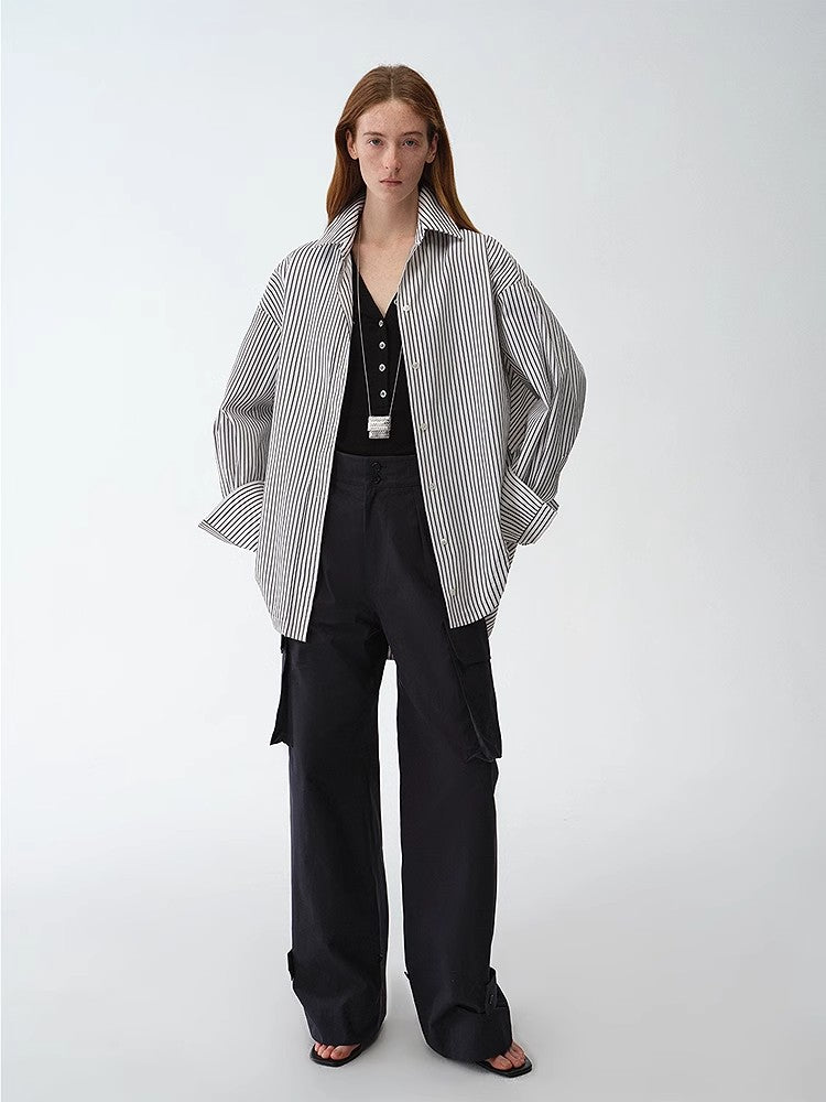 “Striped Fantasy” Asymmetric Two-Way Striped Long Sleeve Casual Shirt