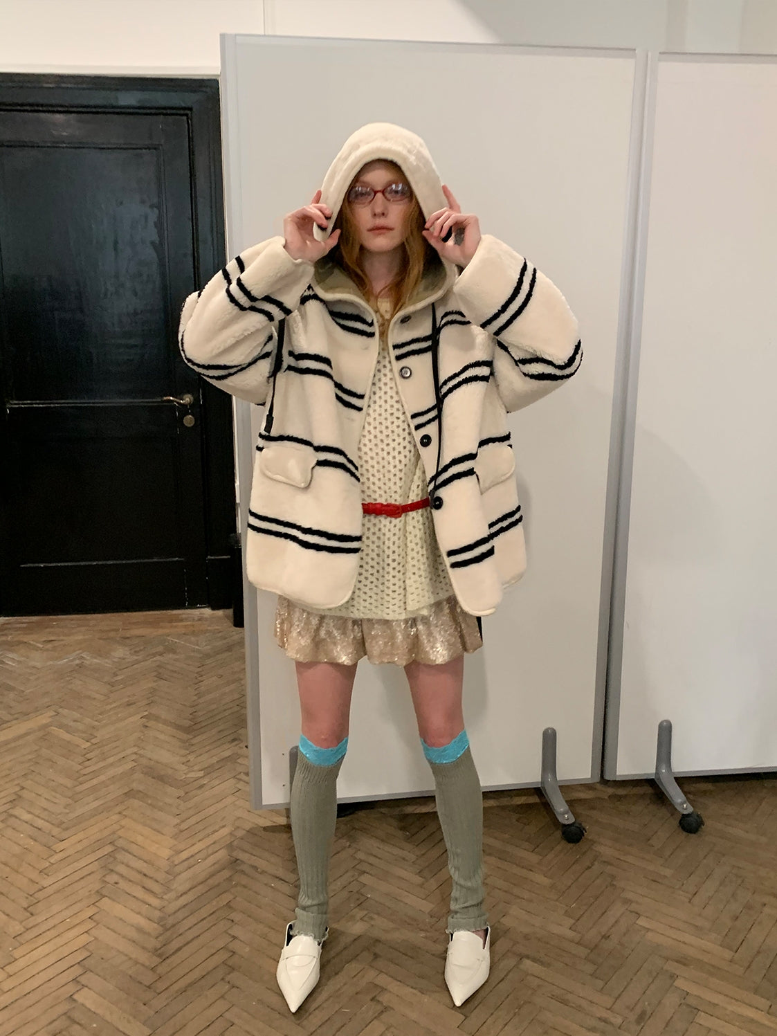 Fireladyfur Women's Lamb Wool Striped Jacket“Snowy New Year”