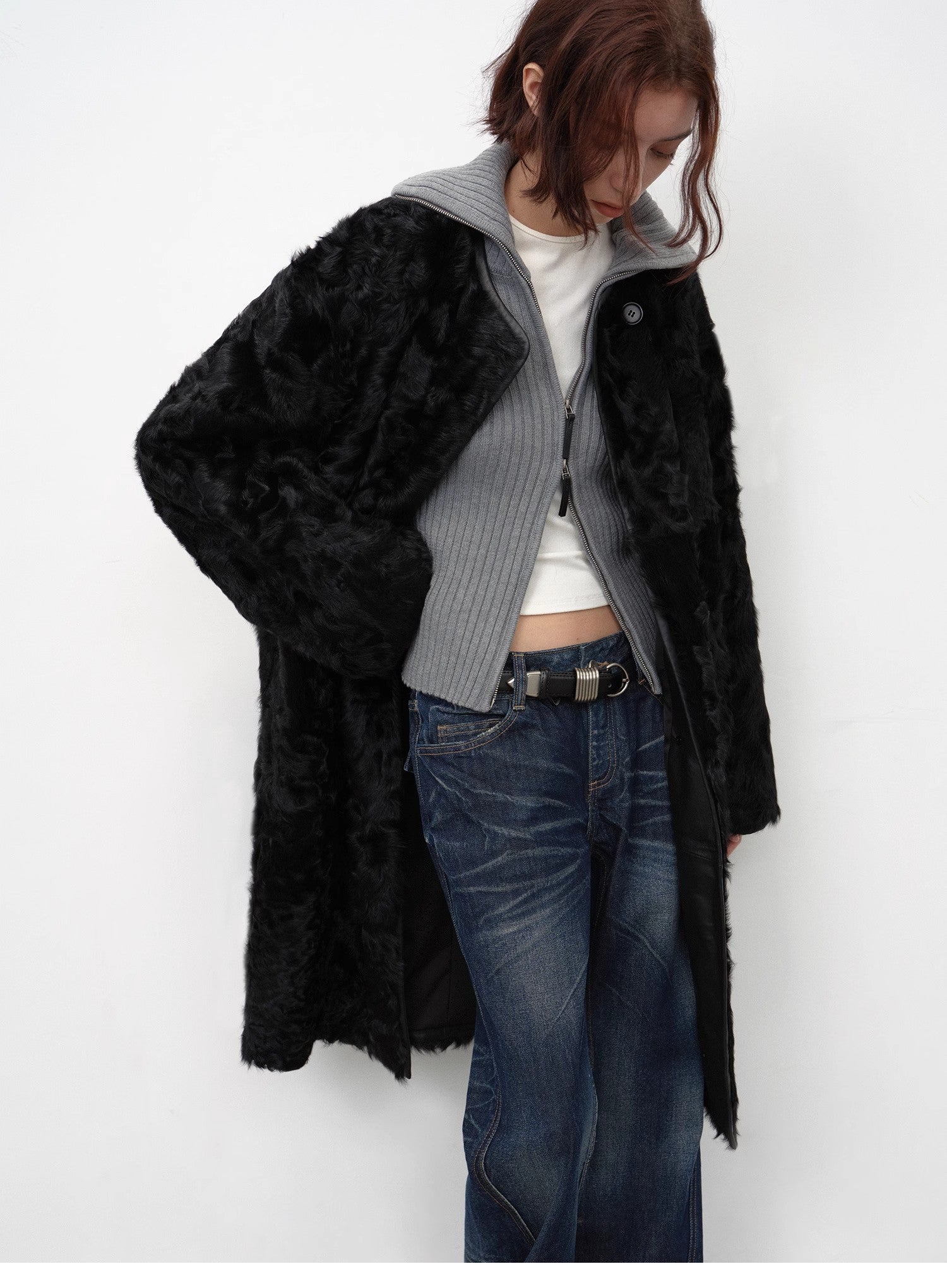 “Roman Theater” Sheepskin Fur Long Straight Coat – Round Neck Winter Style