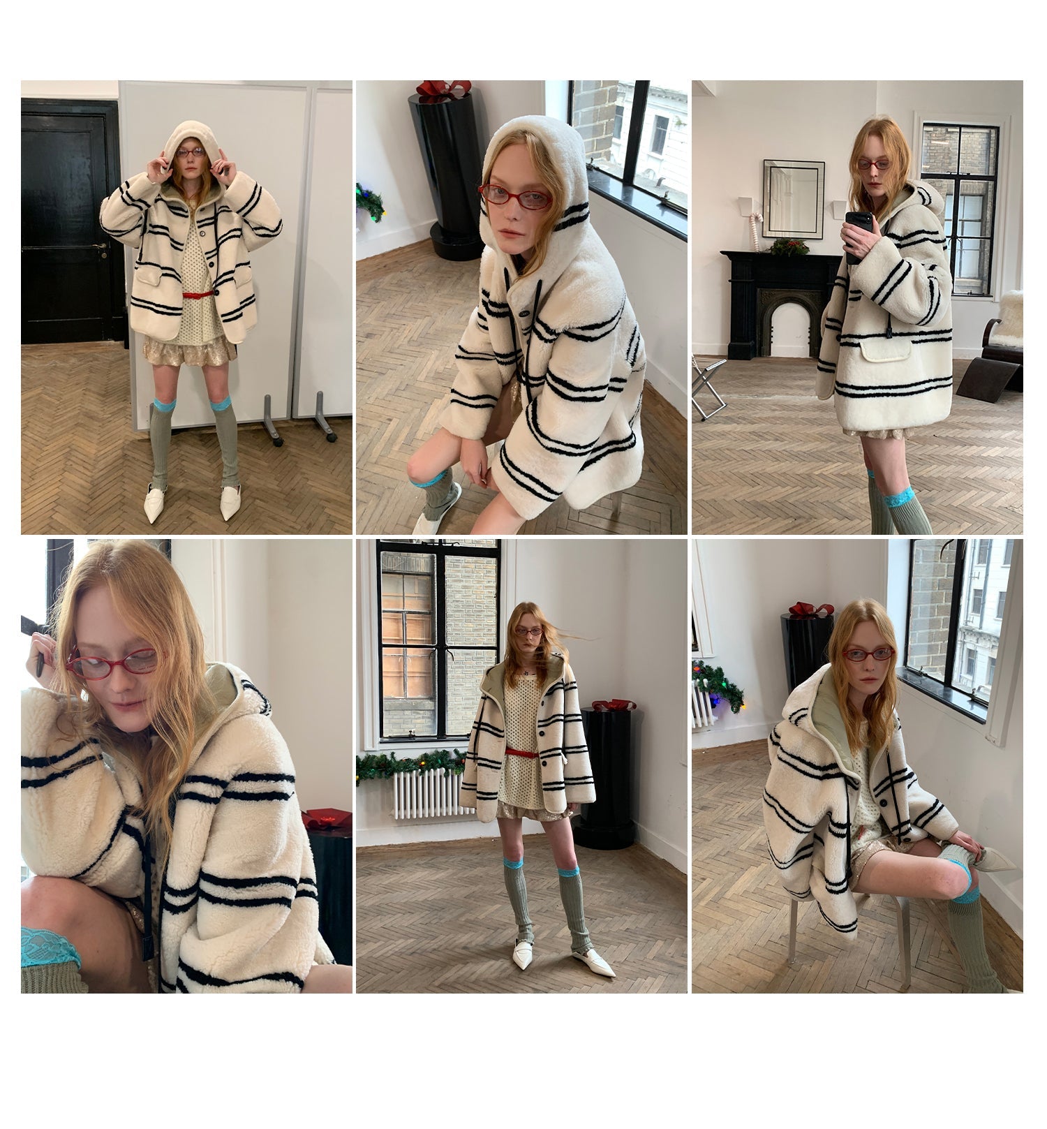 Fireladyfur Women's Lamb Wool Striped Jacket“Snowy New Year”