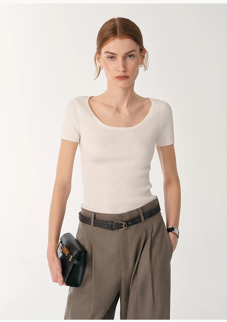 German Yangtze Washable Wool Round Neck Slim Short Sleeve Top