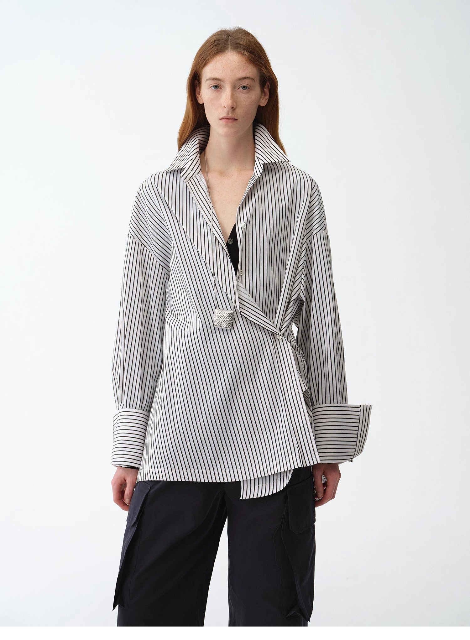 “Striped Fantasy” Asymmetric Two-Way Striped Long Sleeve Casual Shirt