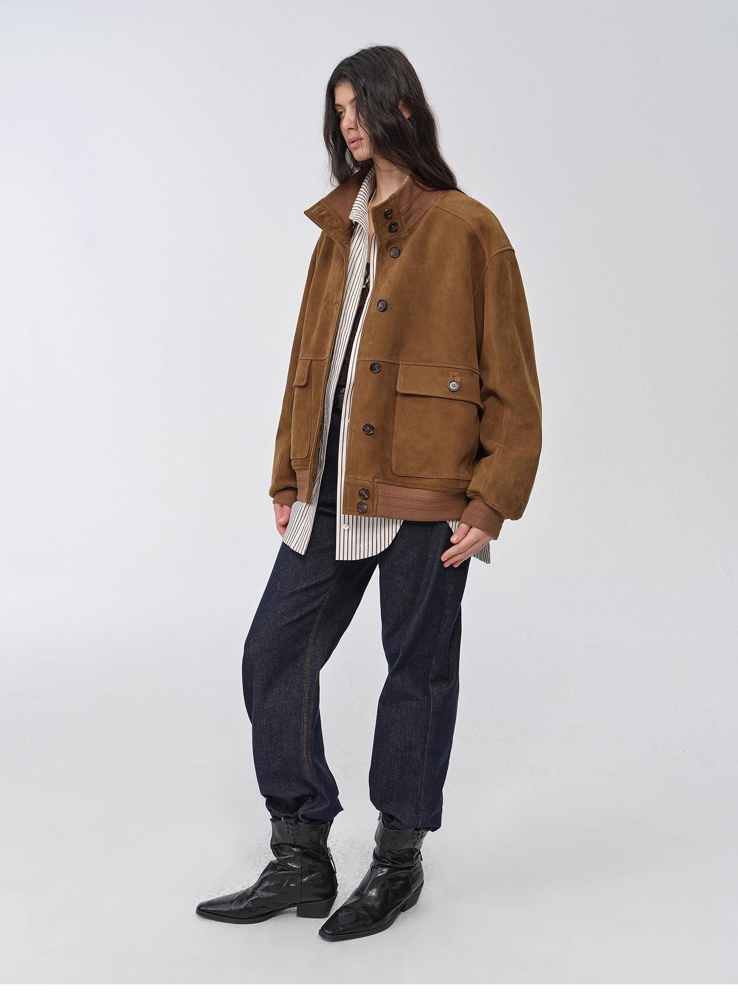 Vintage Suede Sheepskin Leather Jacket – Ribbed Patchwork “Spring Whisper”