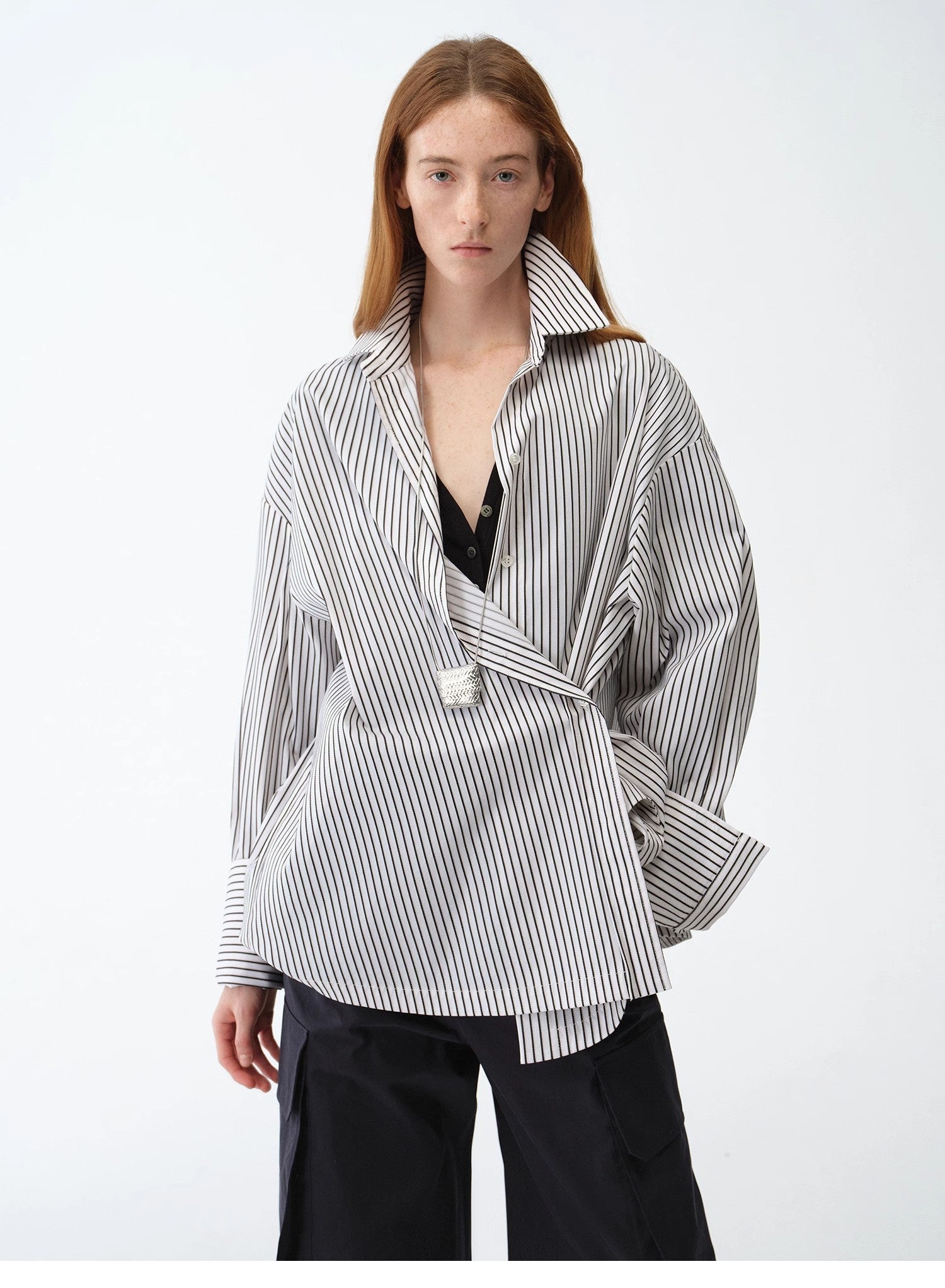 “Striped Fantasy” Asymmetric Two-Way Striped Long Sleeve Casual Shirt