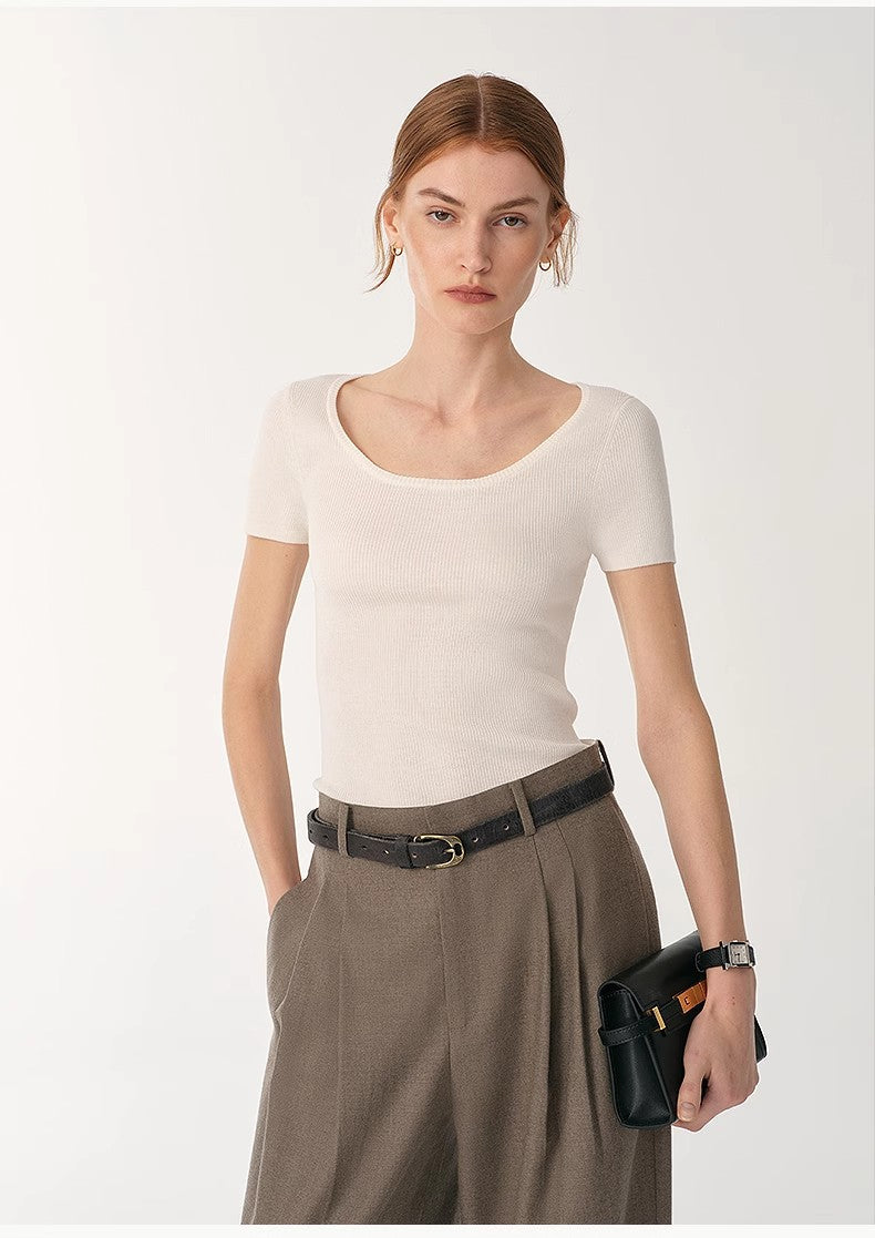 German Yangtze Washable Wool Round Neck Slim Short Sleeve Top