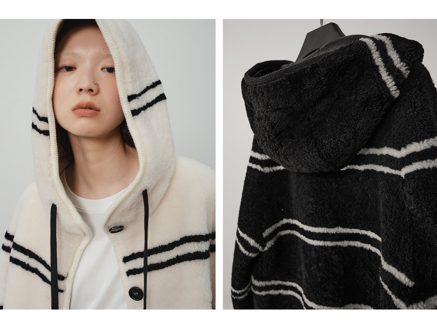 Fireladyfur Women's Lamb Wool Striped Jacket“Snowy New Year”