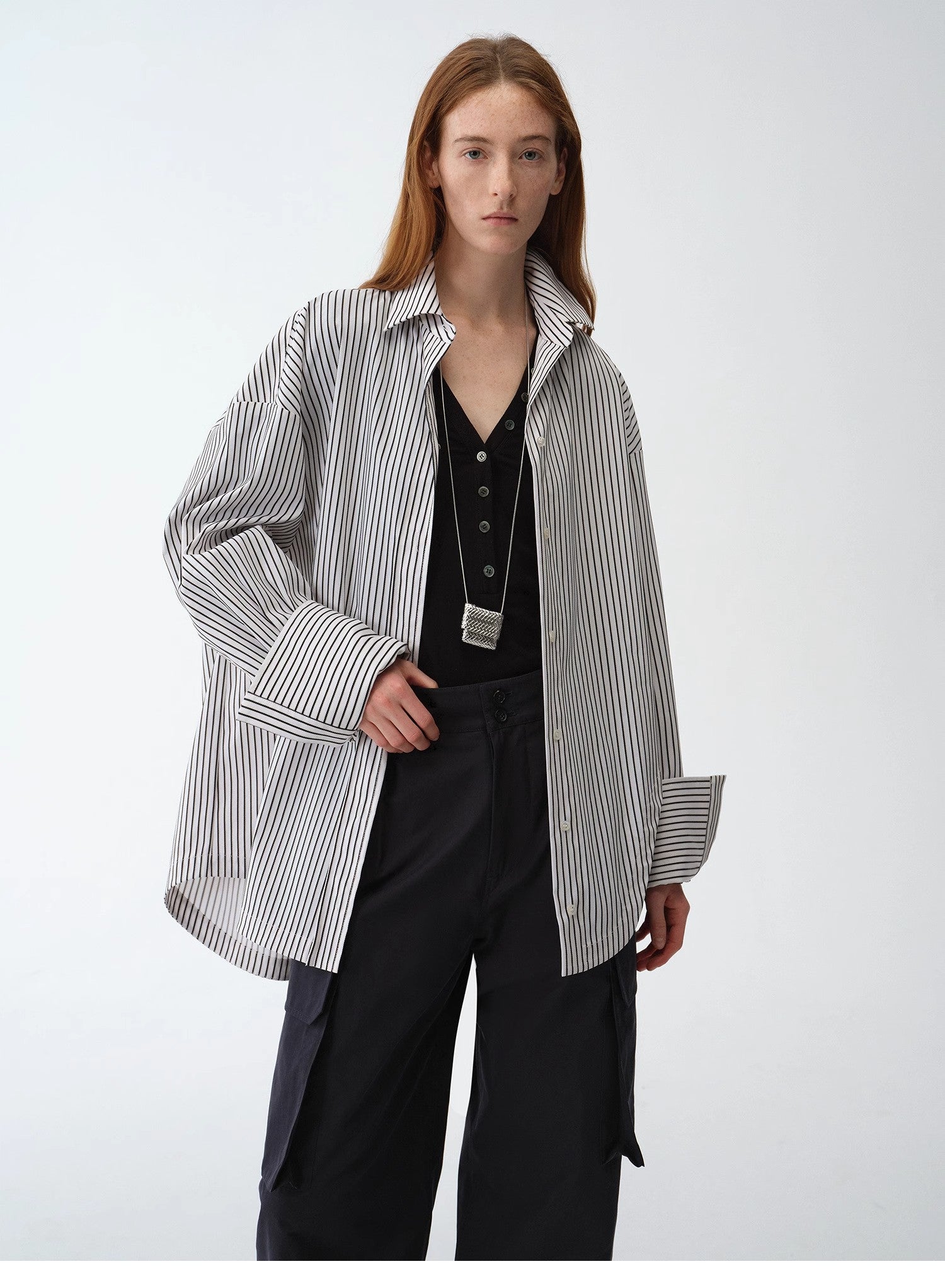 “Striped Fantasy” Asymmetric Two-Way Striped Long Sleeve Casual Shirt