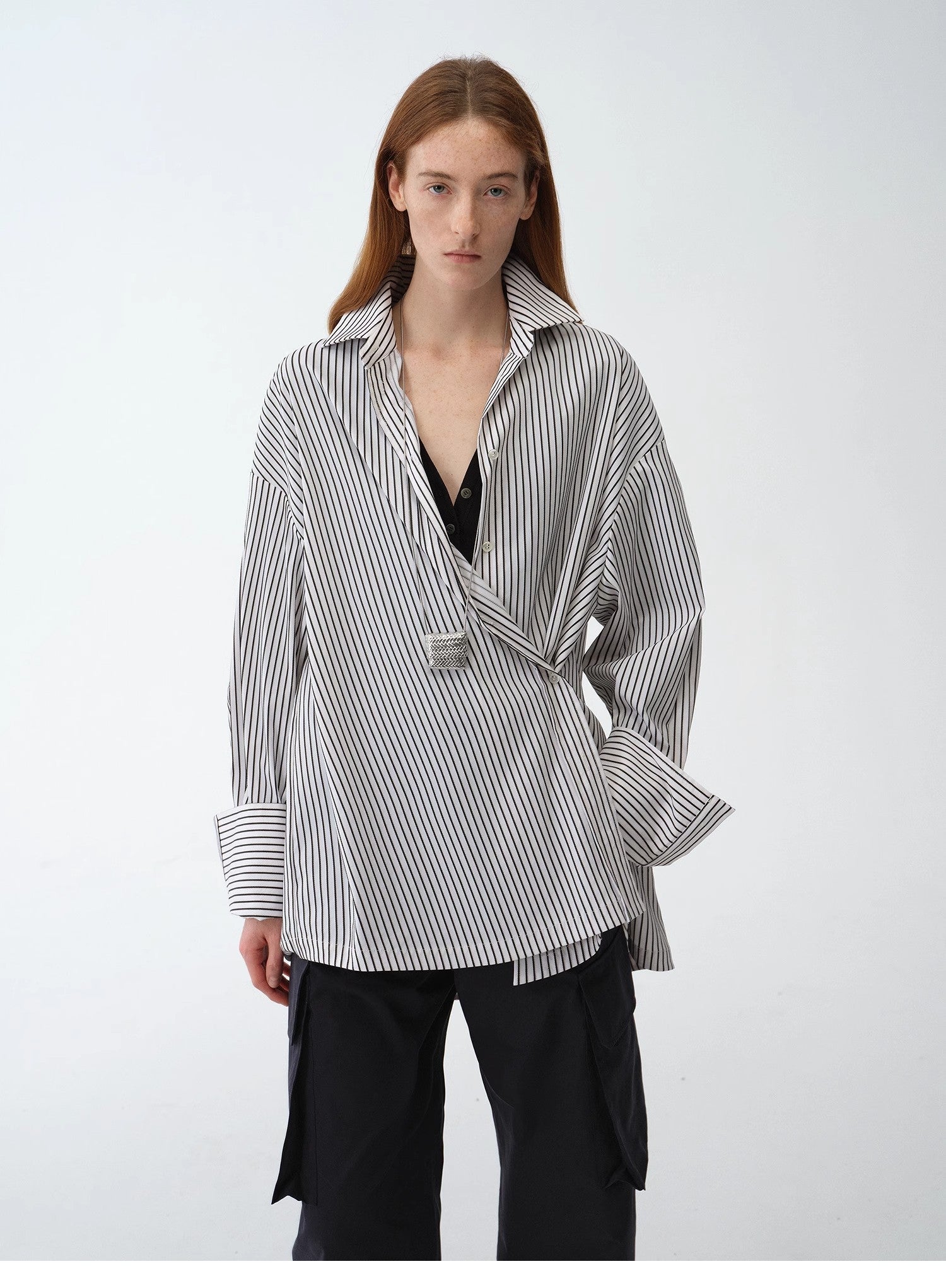 “Striped Fantasy” Asymmetric Two-Way Striped Long Sleeve Casual Shirt