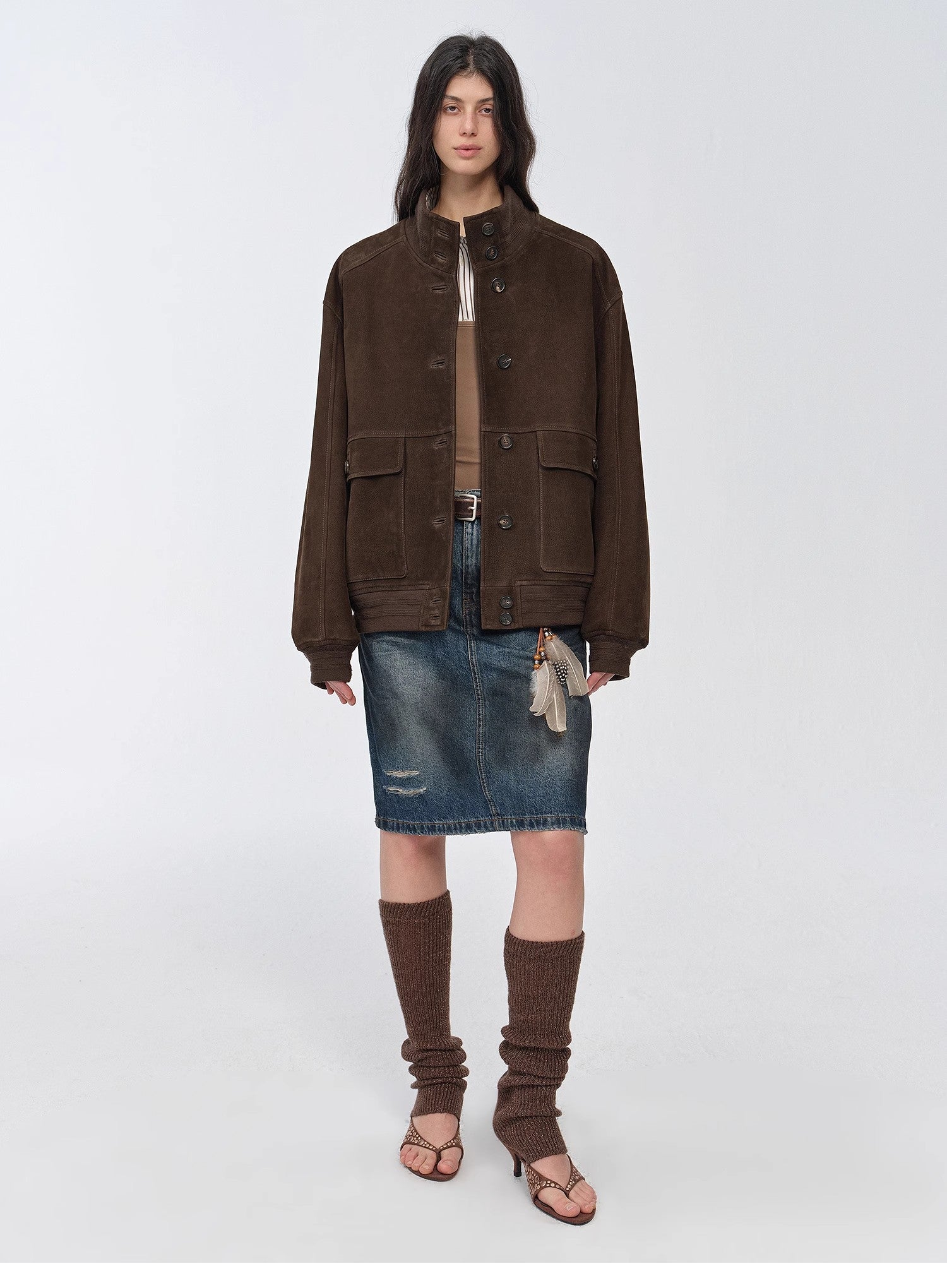 Vintage Suede Sheepskin Leather Jacket – Ribbed Patchwork “Spring Whisper”