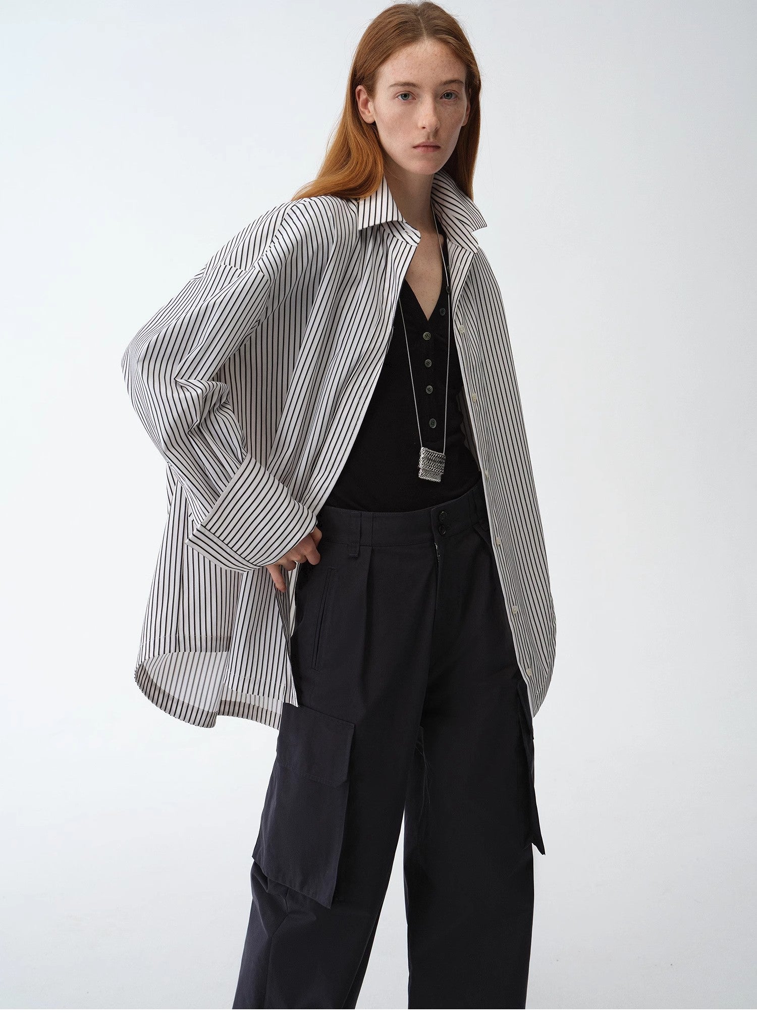“Striped Fantasy” Asymmetric Two-Way Striped Long Sleeve Casual Shirt