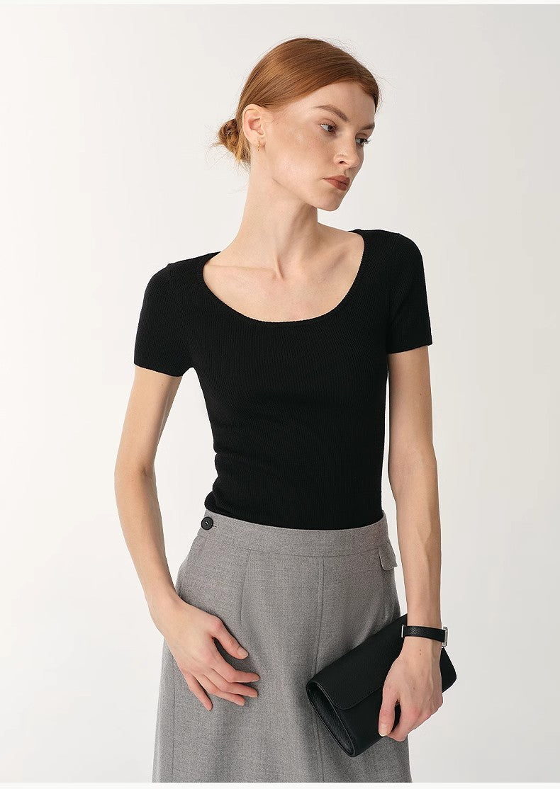 German Yangtze Washable Wool Round Neck Slim Short Sleeve Top