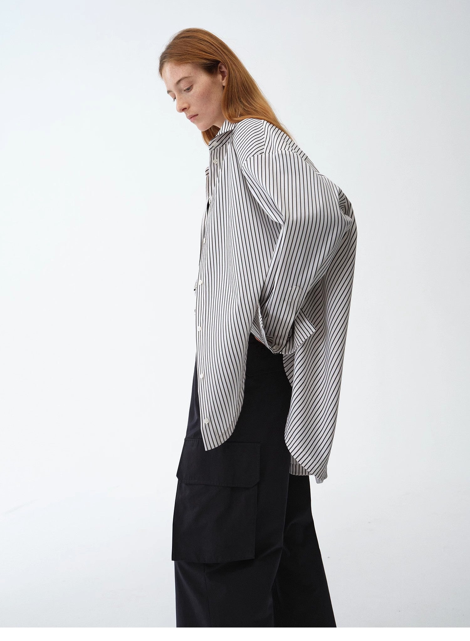 “Striped Fantasy” Asymmetric Two-Way Striped Long Sleeve Casual Shirt