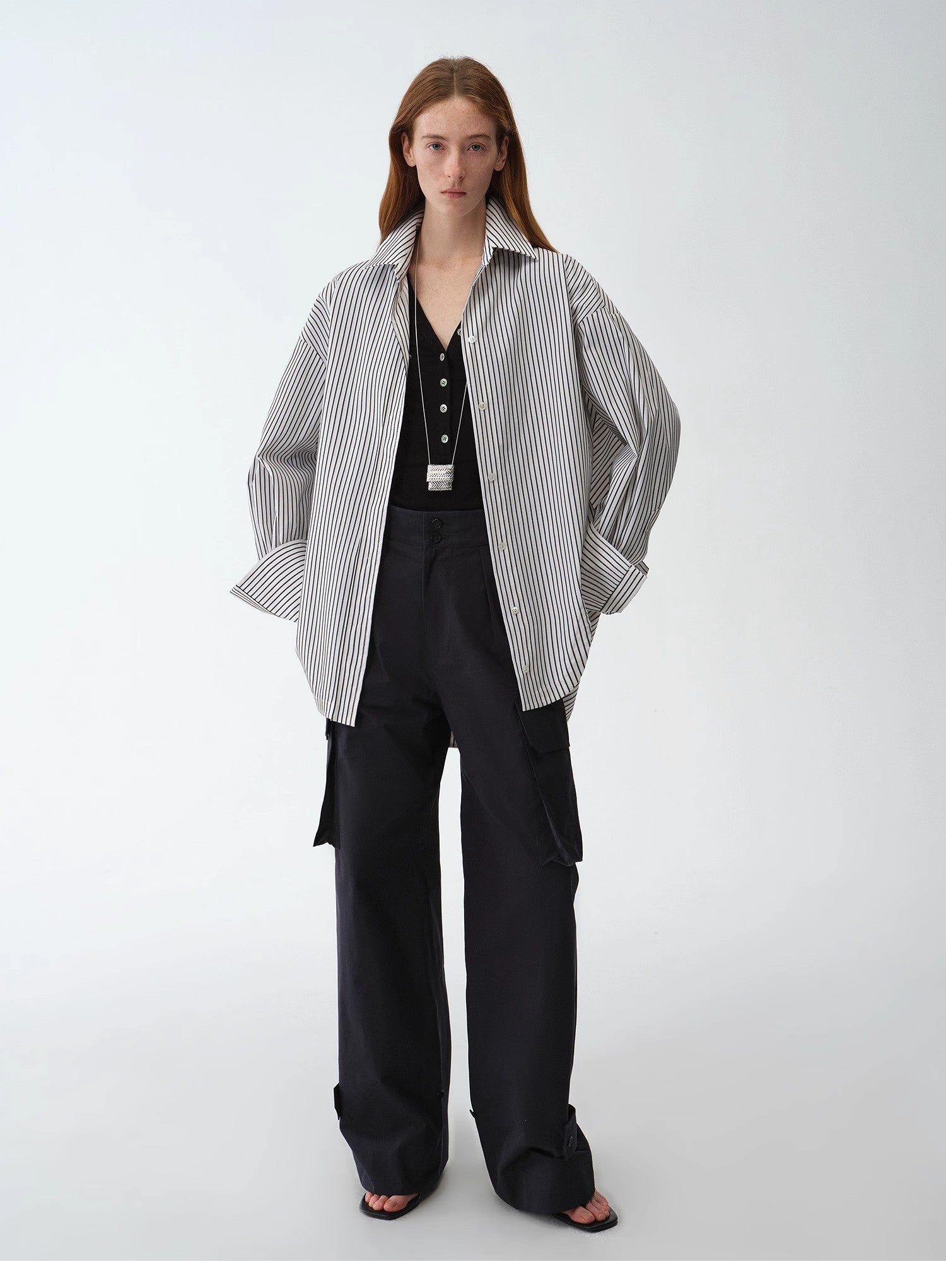 “Striped Fantasy” Asymmetric Two-Way Striped Long Sleeve Casual Shirt