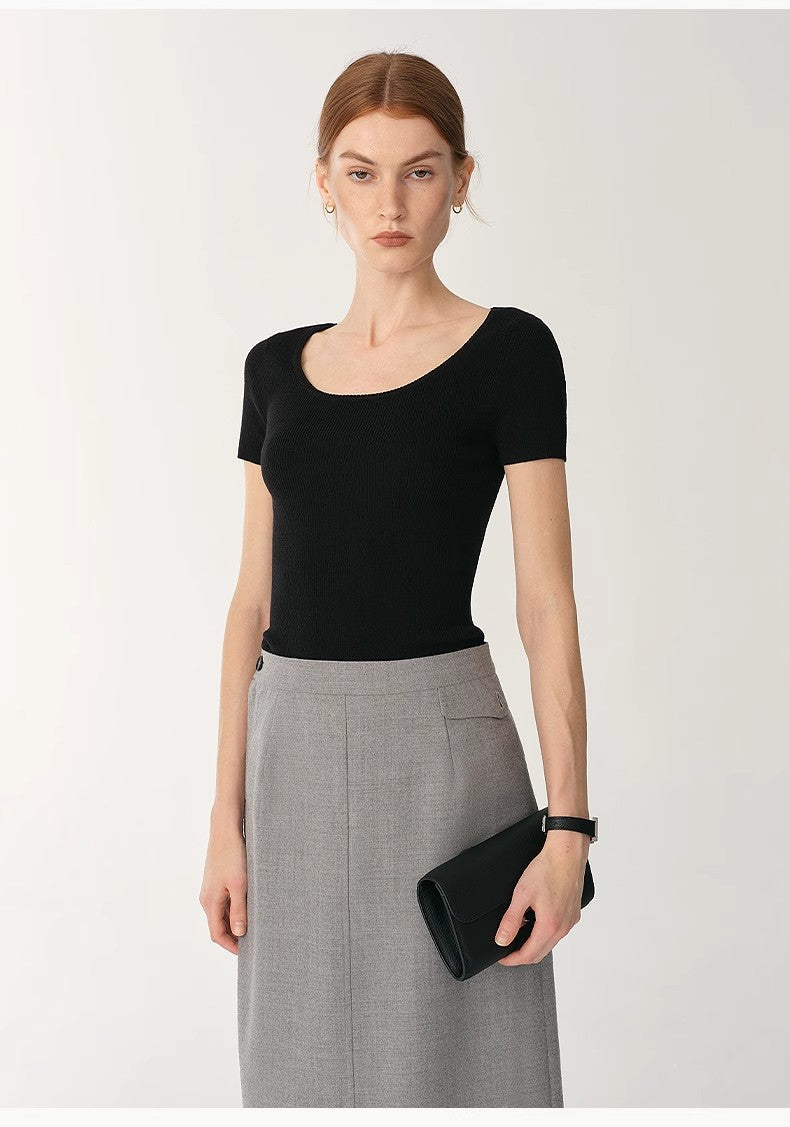 German Yangtze Washable Wool Round Neck Slim Short Sleeve Top