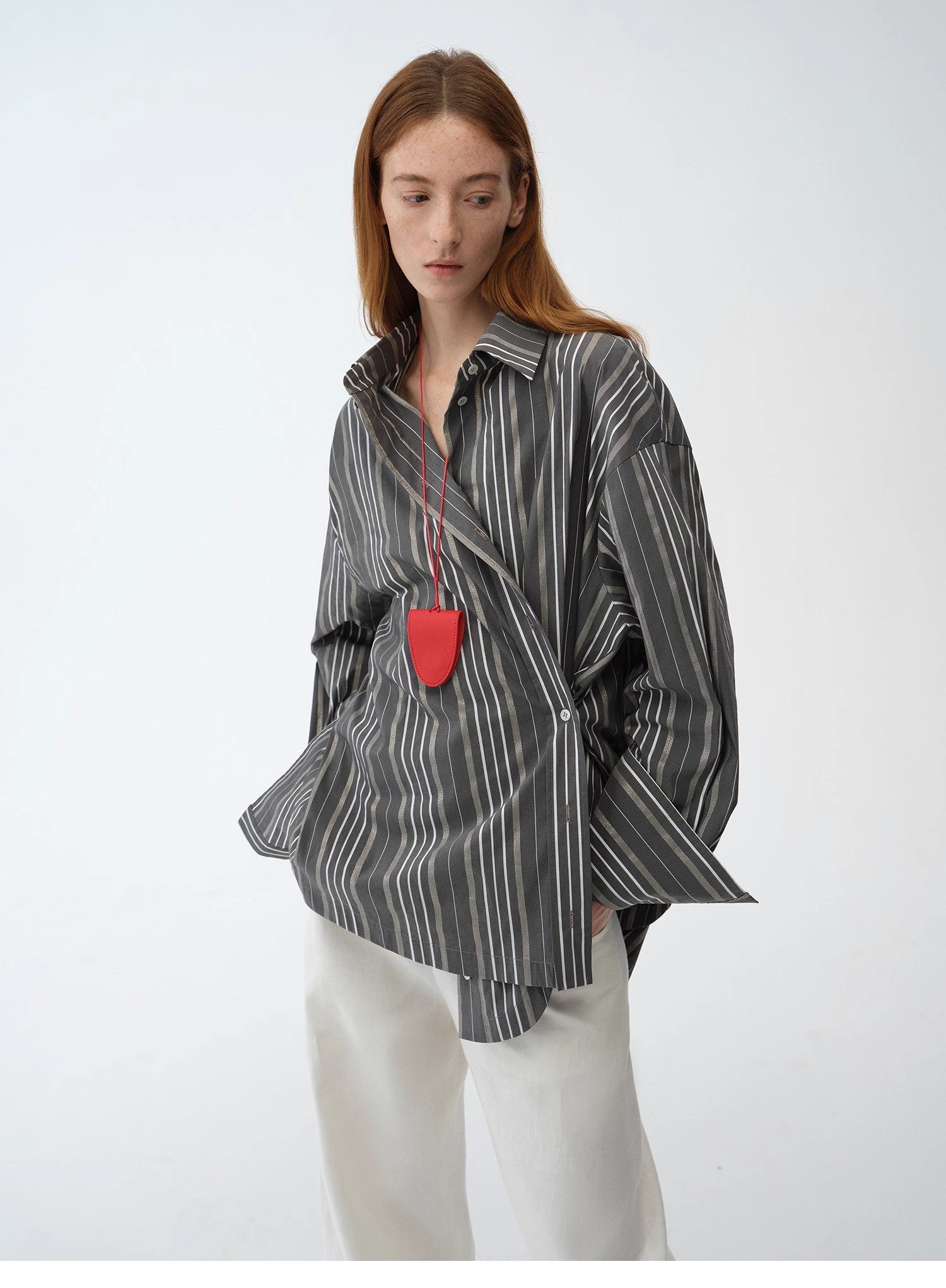“Striped Fantasy” Asymmetric Two-Way Striped Long Sleeve Casual Shirt
