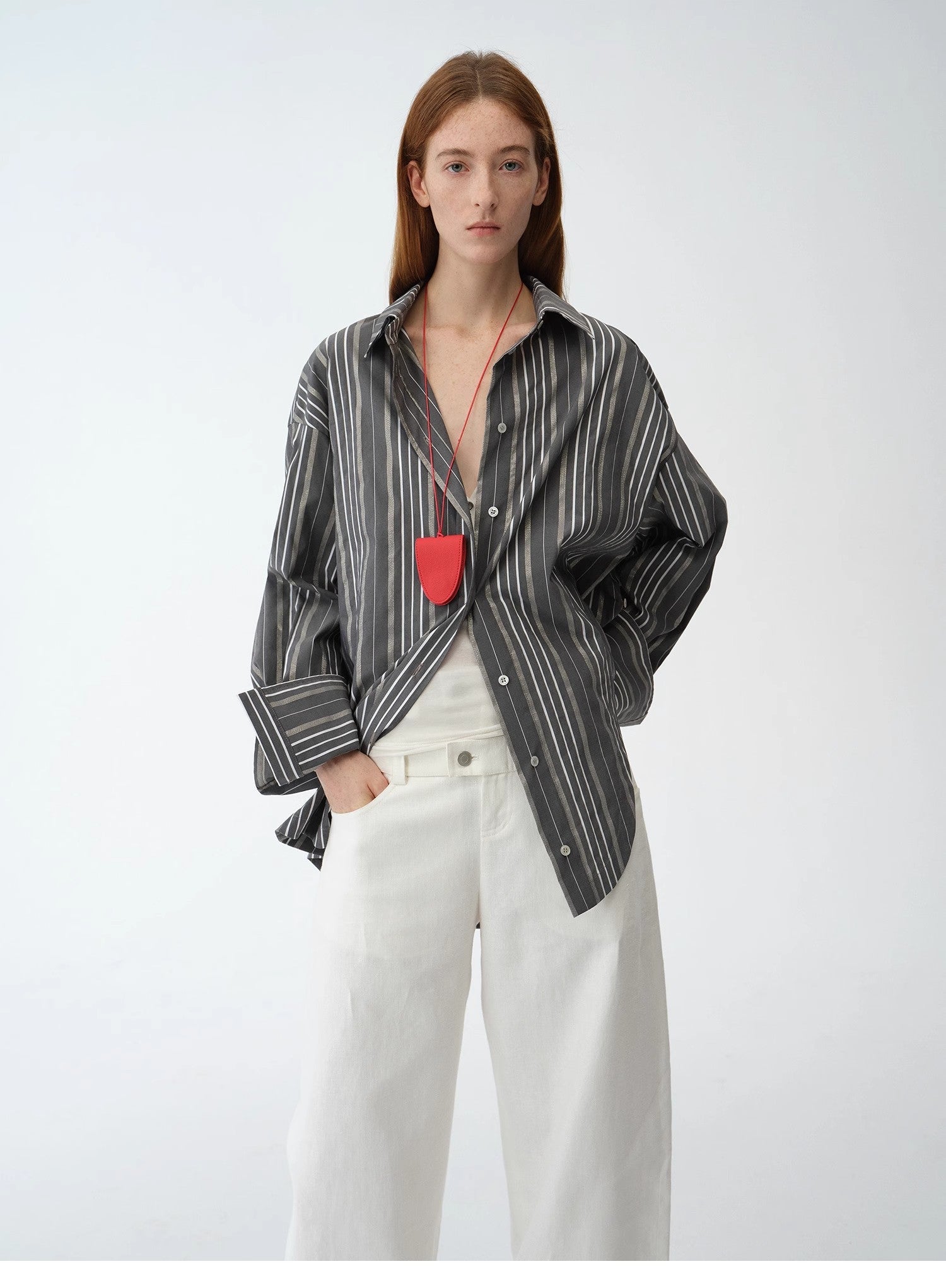 “Striped Fantasy” Asymmetric Two-Way Striped Long Sleeve Casual Shirt