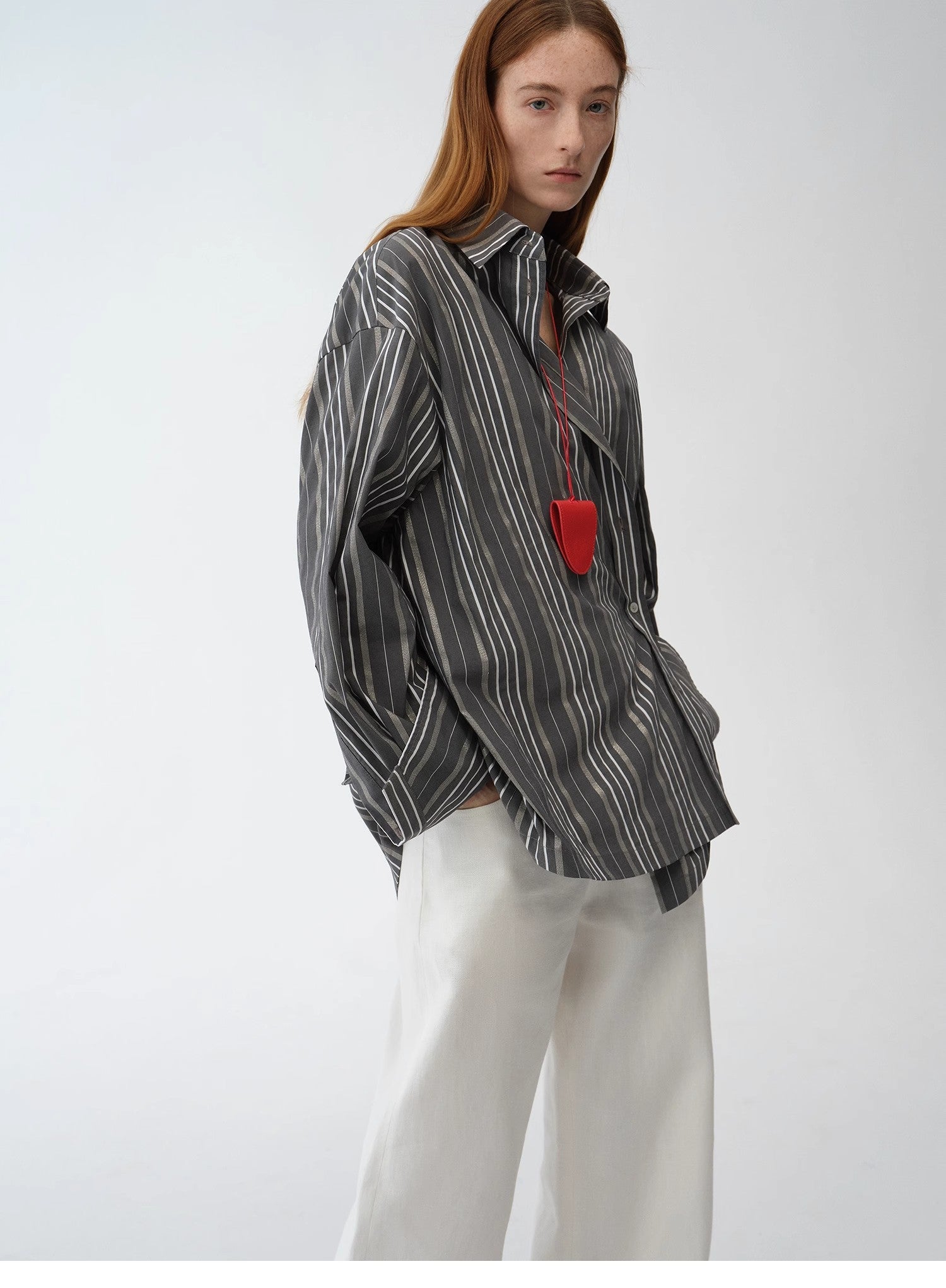 “Striped Fantasy” Asymmetric Two-Way Striped Long Sleeve Casual Shirt